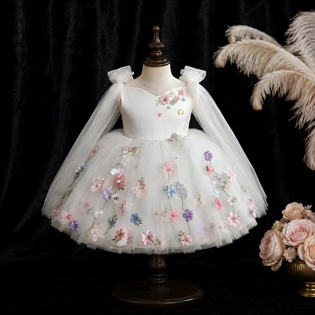 Girls Ivory Off-Shoulder Tulle Ball Gown with 3D Flowers - Flower Girl, First Birthday & Photoshoot