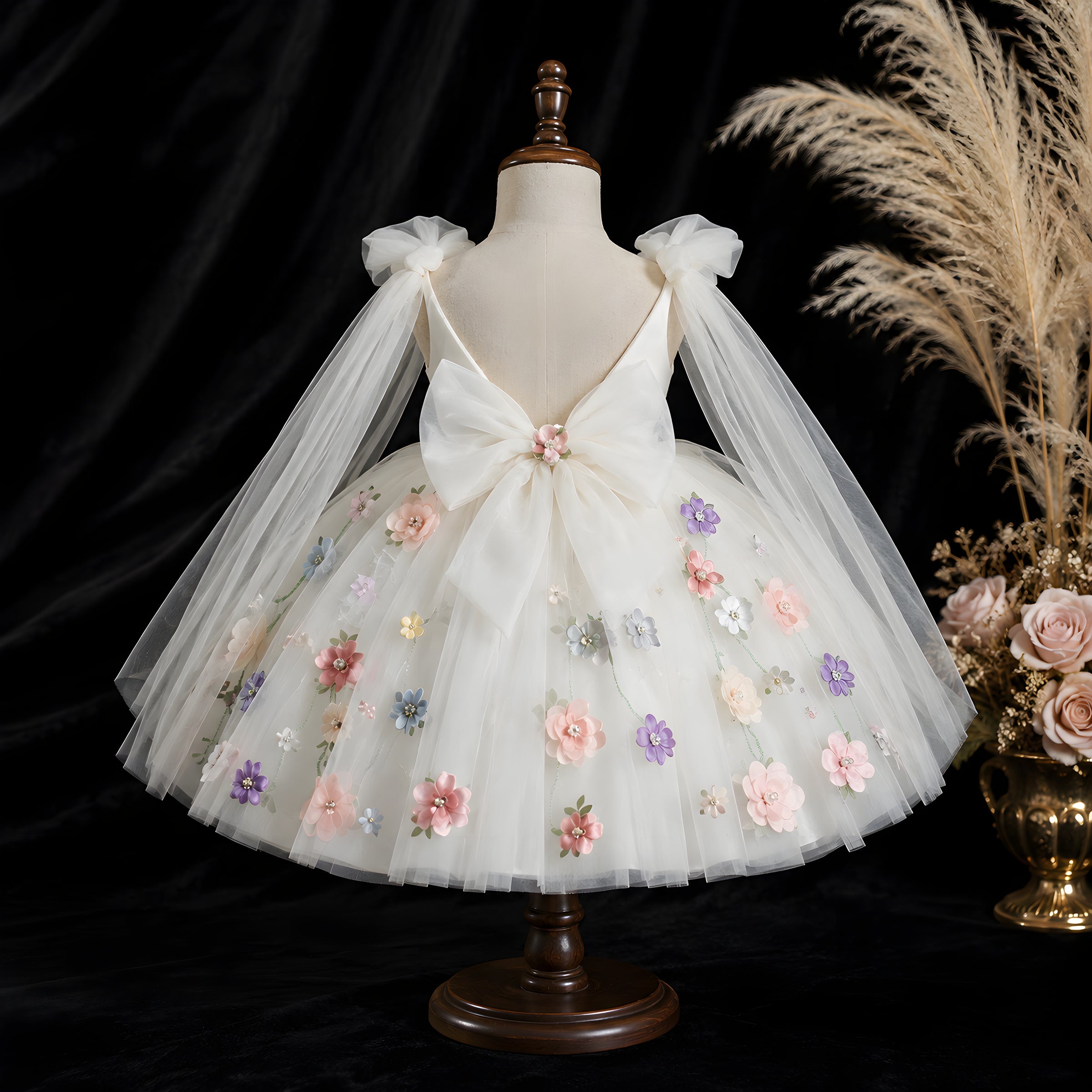 Girls Ivory Off-Shoulder Tulle Ball Gown with 3D Flowers - Flower Girl, First Birthday & Photoshoot