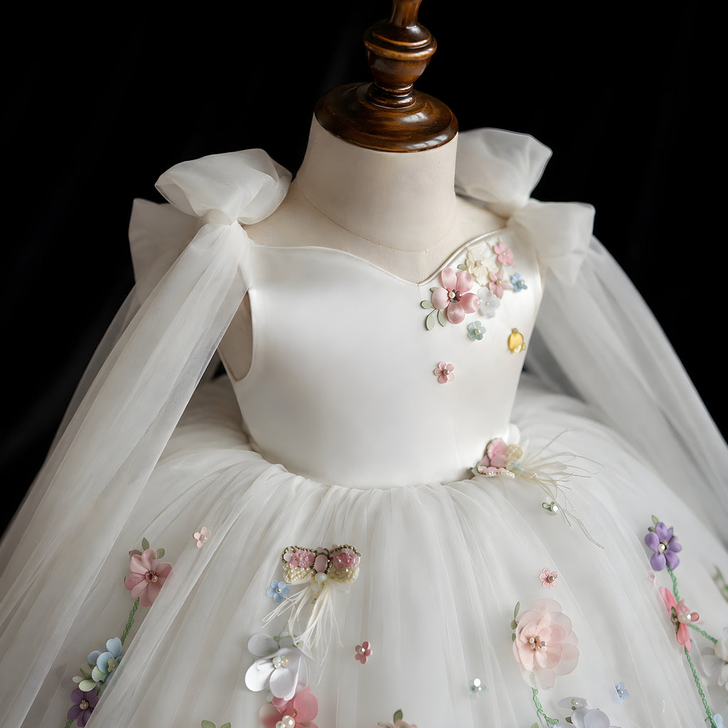 Girls Ivory Off-Shoulder Tulle Ball Gown with 3D Flowers - Flower Girl, First Birthday & Photoshoot
