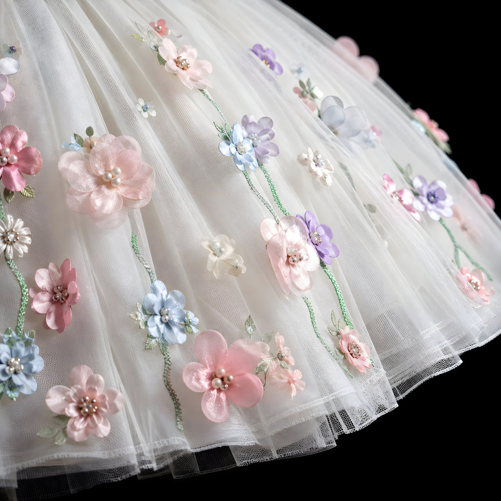 Girls Ivory Off-Shoulder Tulle Ball Gown with 3D Flowers - Flower Girl, First Birthday & Photoshoot