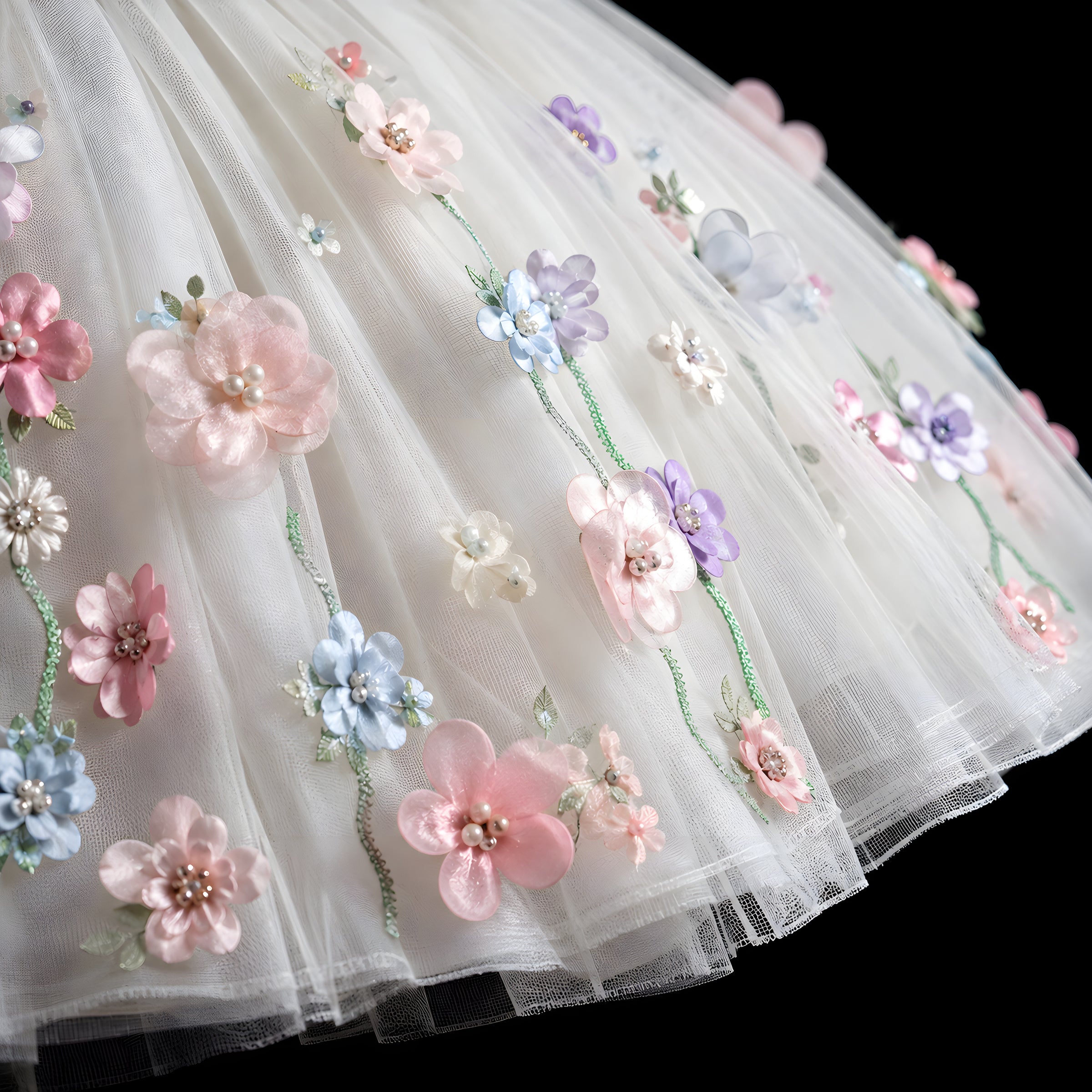 Girls Ivory Off-Shoulder Tulle Ball Gown with 3D Flowers - Flower Girl, First Birthday & Photoshoot