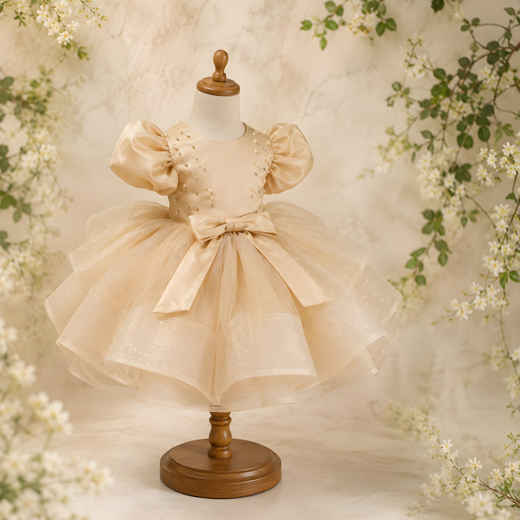 Girls Apricot Organza Flower Girl Dress with Puff Sleeves & Pearl Bodice - Birthday, Pageant & Photoshoot