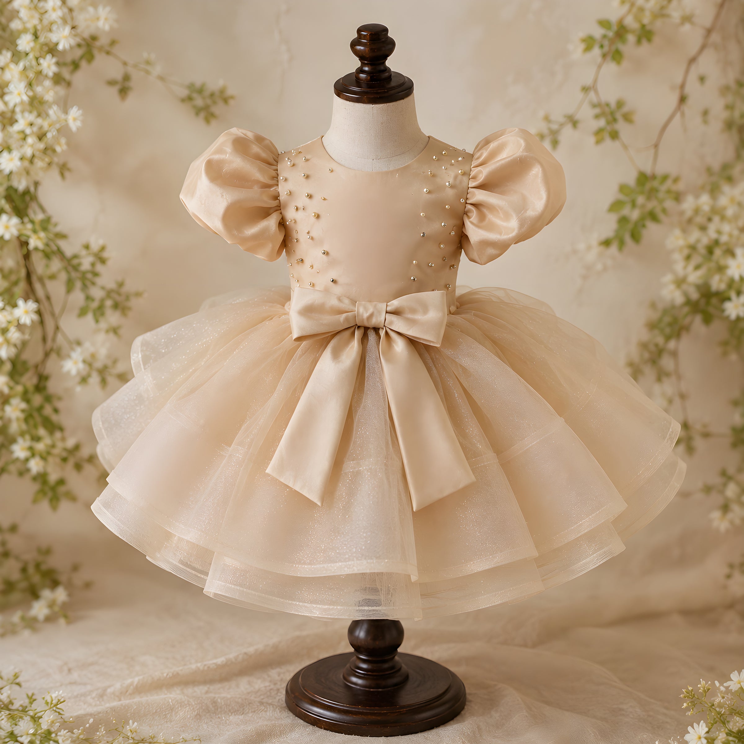 Girls Apricot Organza Flower Girl Dress with Puff Sleeves & Pearl Bodice - Birthday, Pageant & Photoshoot