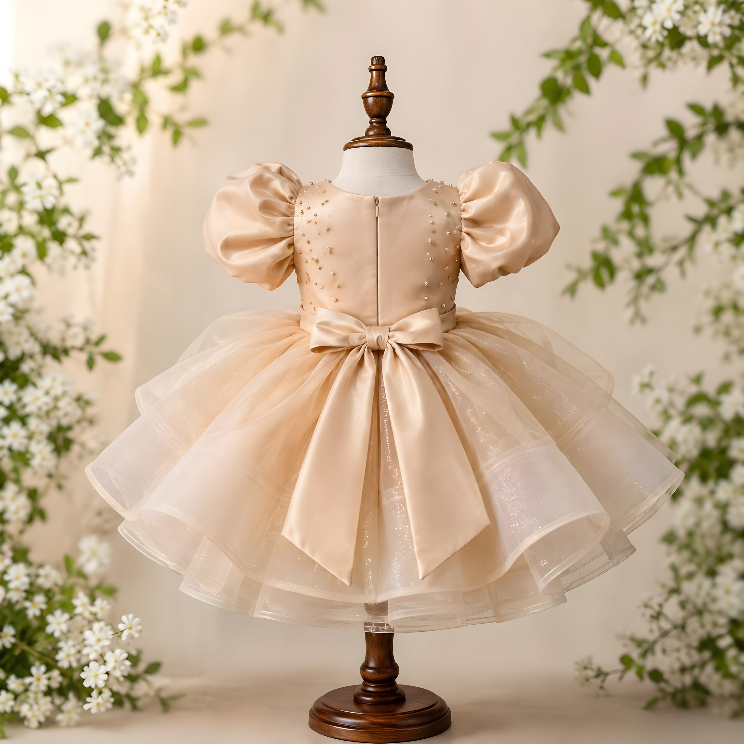 Girls Apricot Organza Flower Girl Dress with Puff Sleeves & Pearl Bodice - Birthday, Pageant & Photoshoot