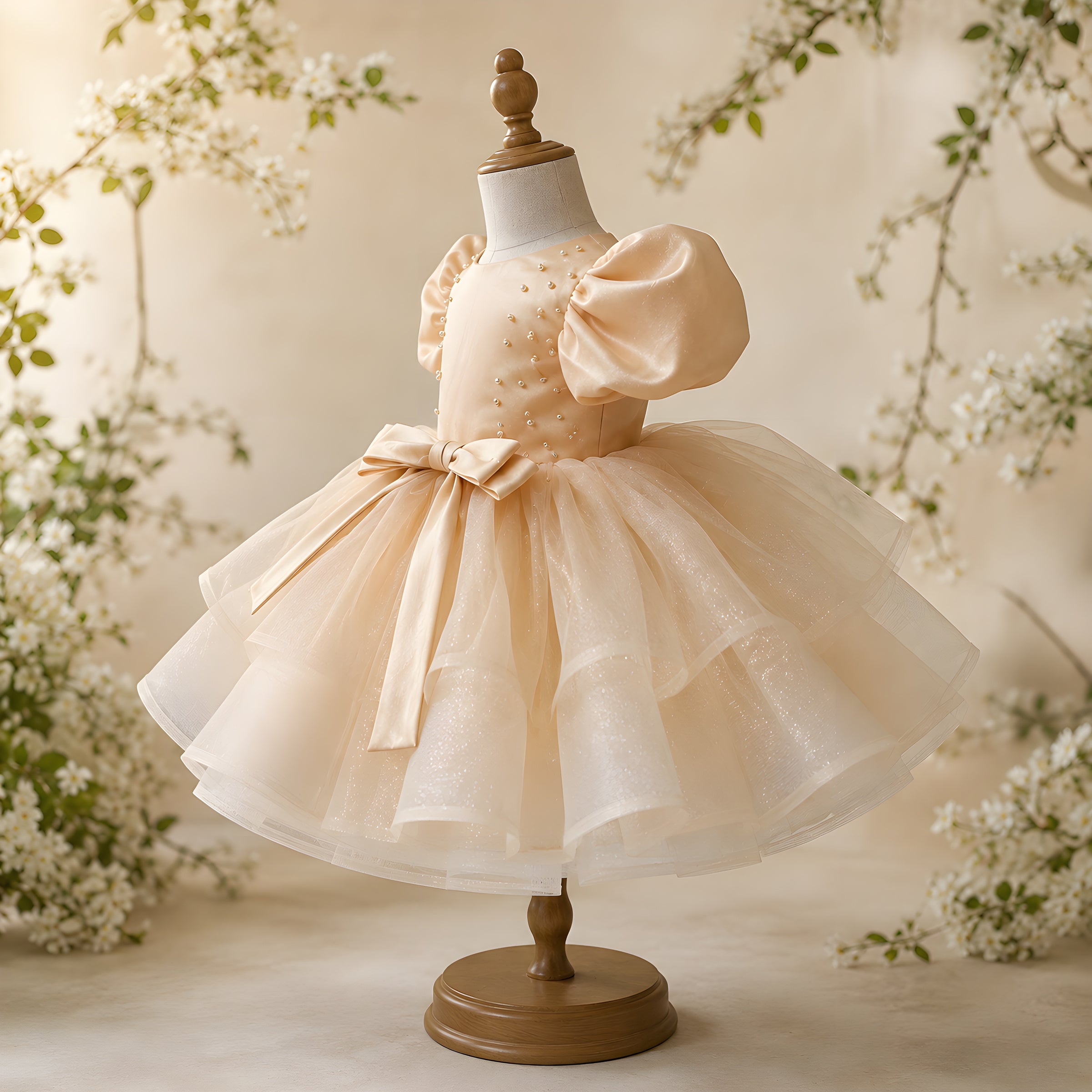Girls Apricot Organza Flower Girl Dress with Puff Sleeves & Pearl Bodice - Birthday, Pageant & Photoshoot