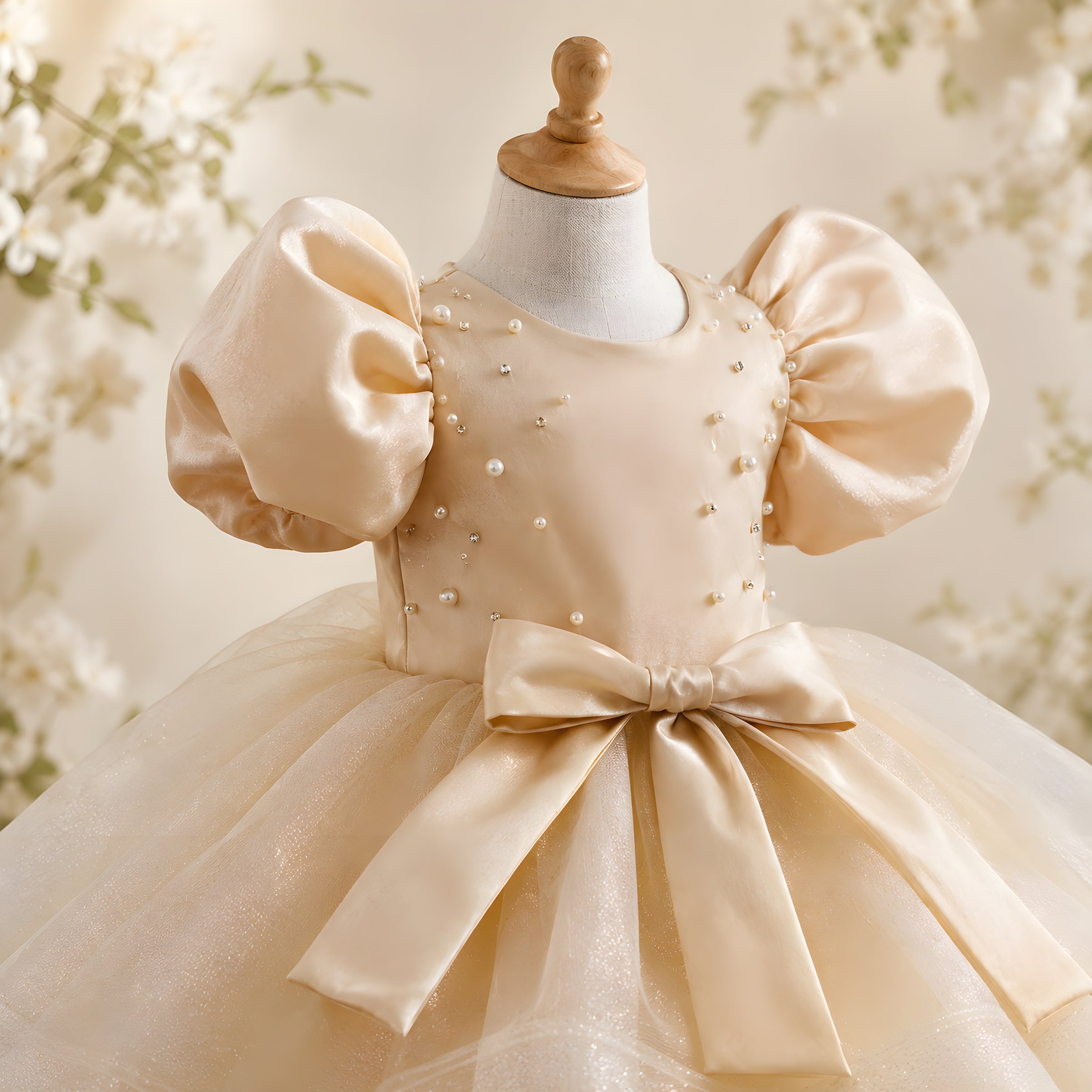 Girls Apricot Organza Flower Girl Dress with Puff Sleeves & Pearl Bodice - Birthday, Pageant & Photoshoot