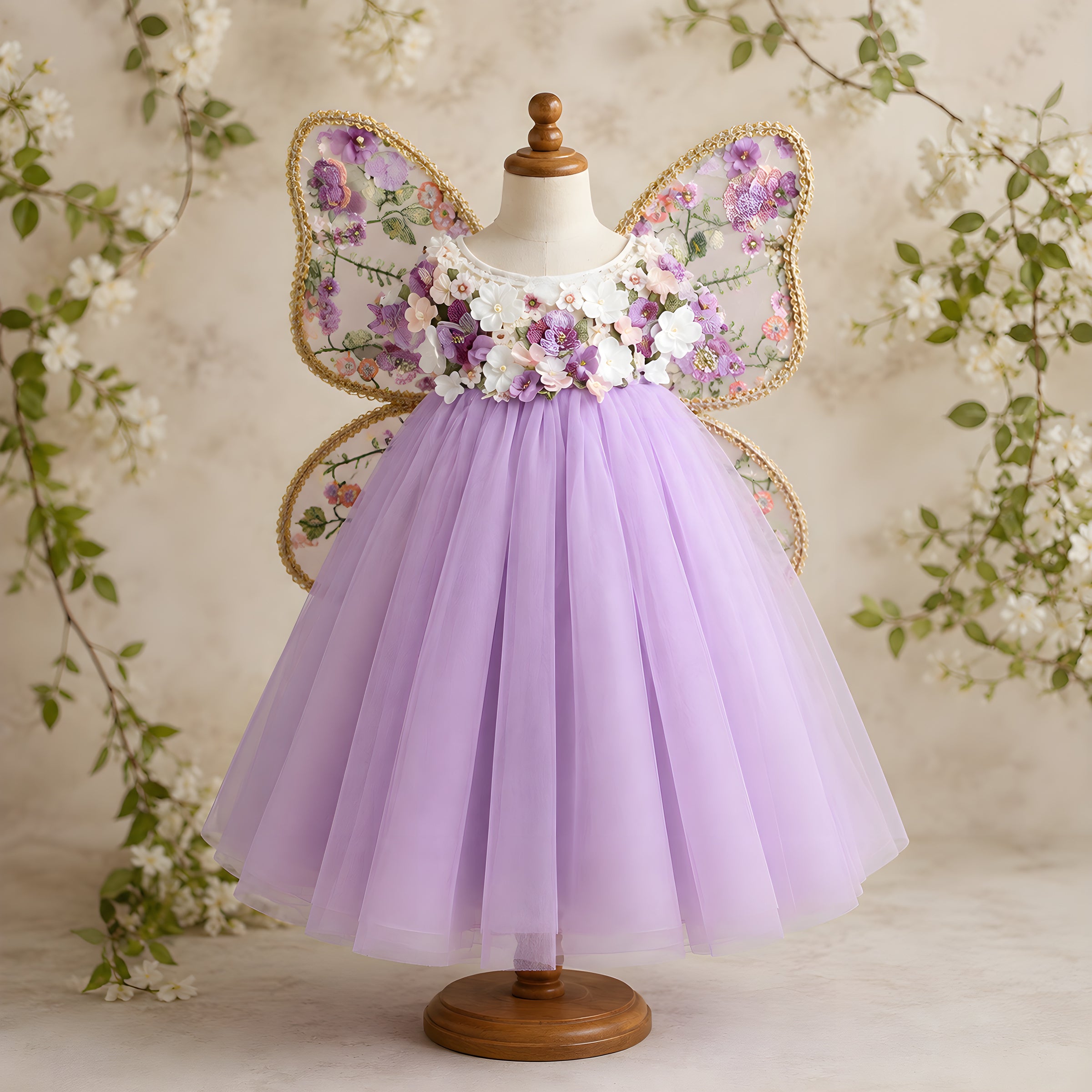 Girls Lilac Tulle Fairy Gown with Embroidered Butterfly Wings - Flower Girl, Birthday & Pageant