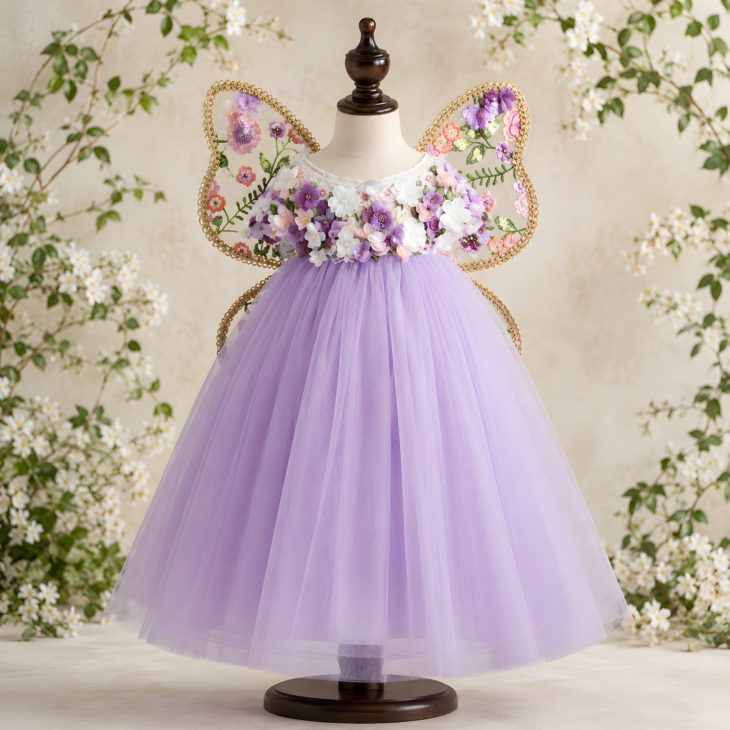Girls Lilac Tulle Fairy Gown with Embroidered Butterfly Wings - Flower Girl, Birthday & Pageant