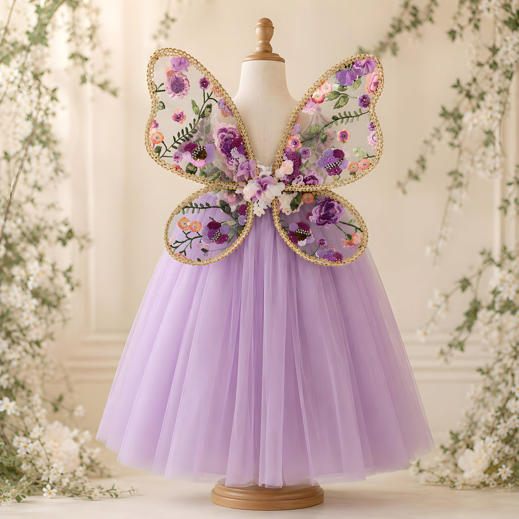 Girls Lilac Tulle Fairy Gown with Embroidered Butterfly Wings - Flower Girl, Birthday & Pageant