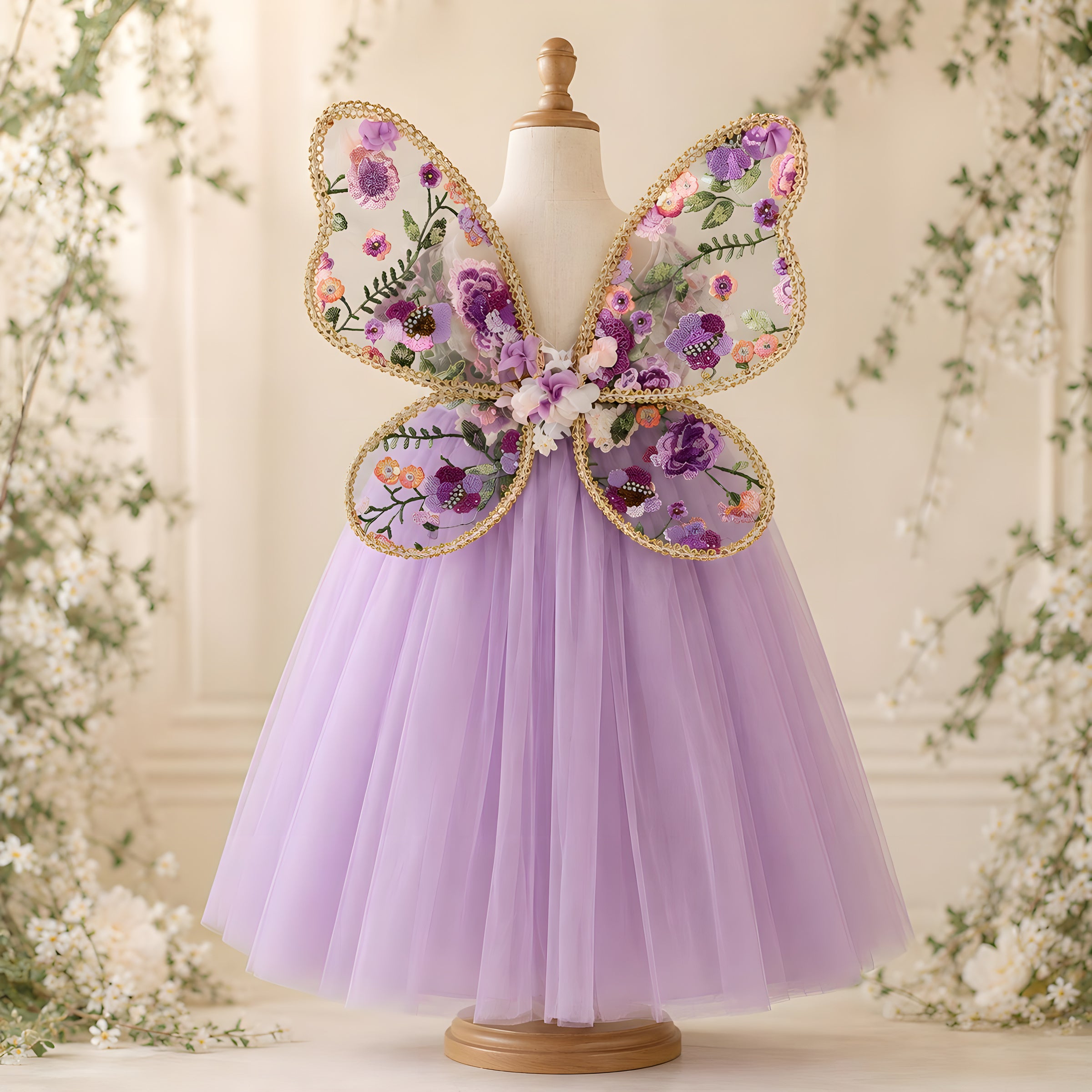 Girls Lilac Tulle Fairy Gown with Embroidered Butterfly Wings - Flower Girl, Birthday & Pageant