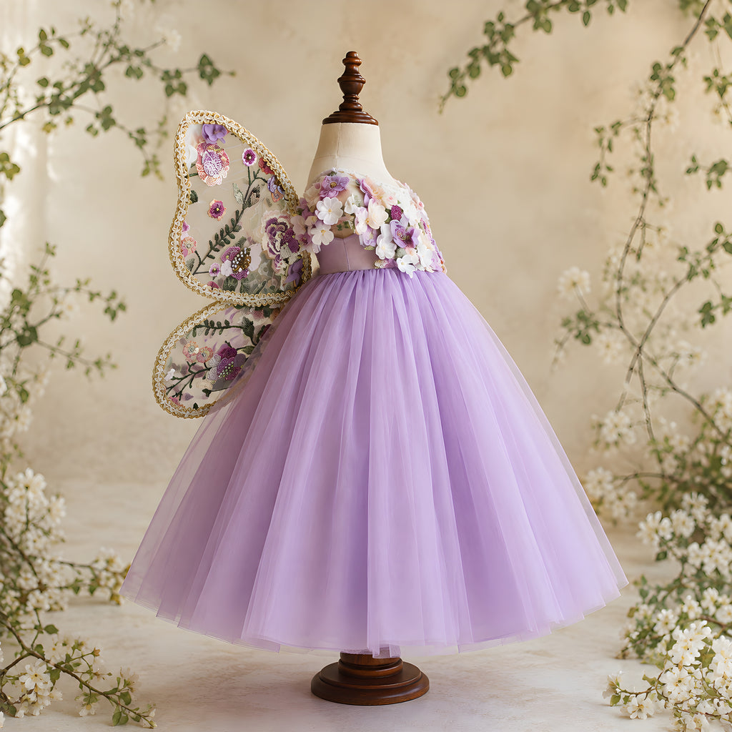 Girls Lilac Tulle Fairy Gown with Embroidered Butterfly Wings - Flower Girl, Birthday & Pageant