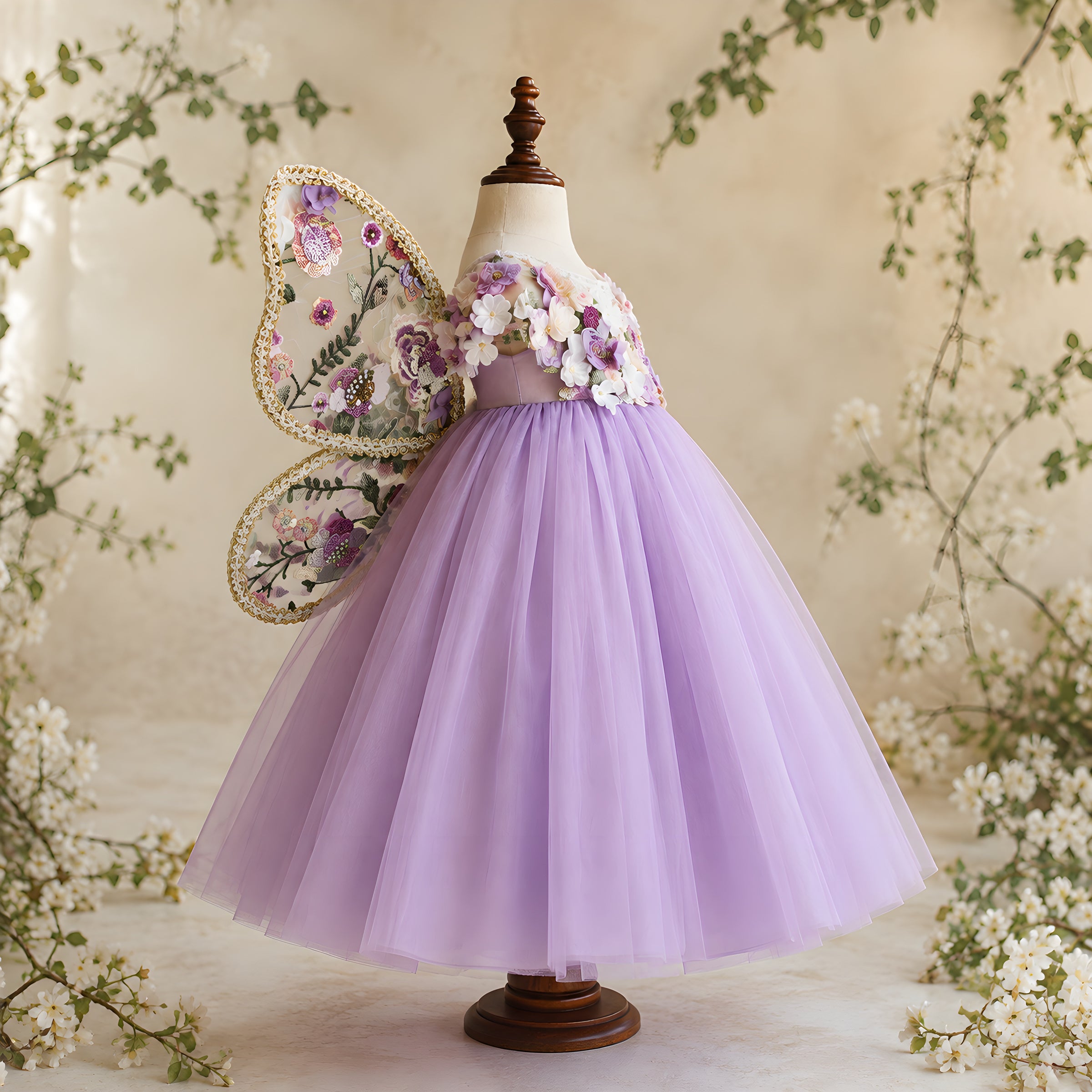 Girls Lilac Tulle Fairy Gown with Embroidered Butterfly Wings - Flower Girl, Birthday & Pageant
