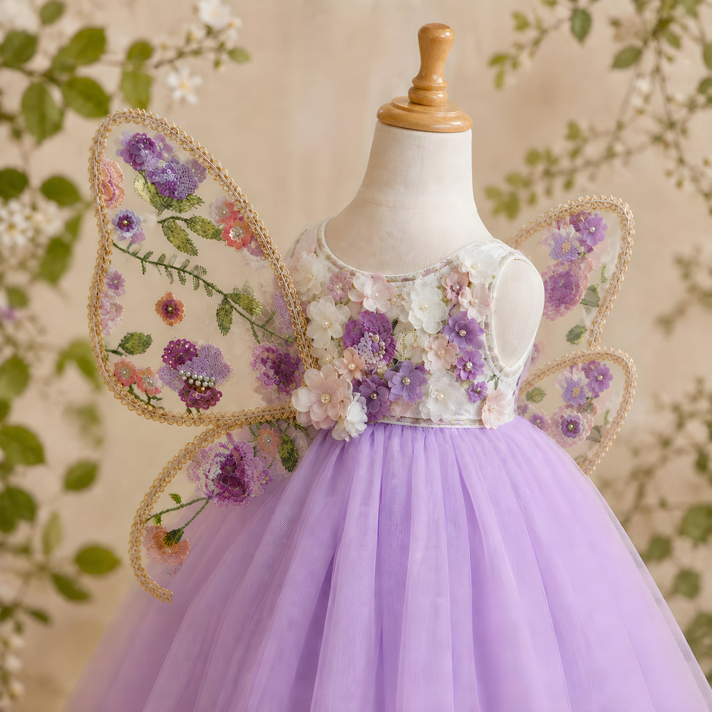 Girls Lilac Tulle Fairy Gown with Embroidered Butterfly Wings - Flower Girl, Birthday & Pageant