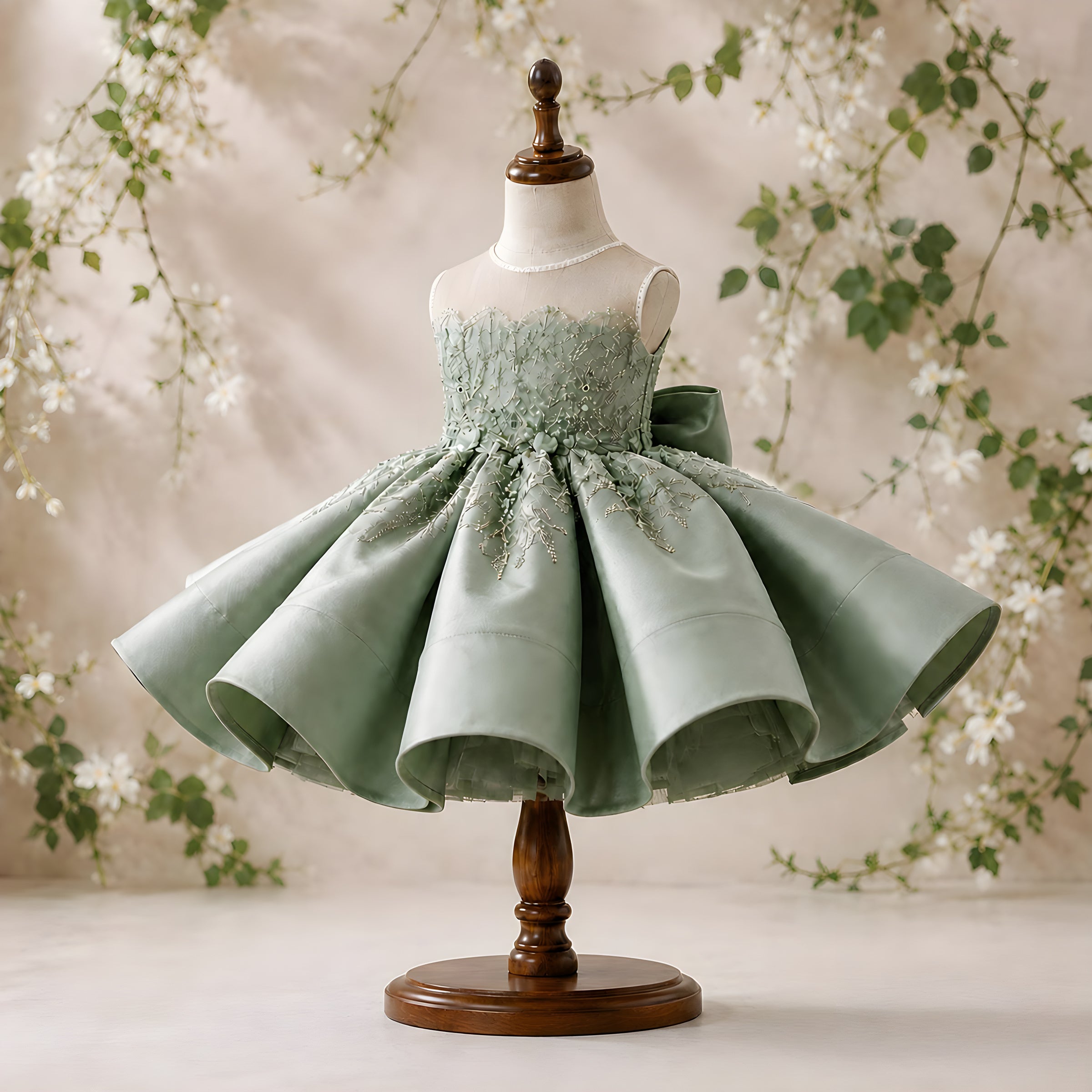 Girls Sage Green Lace Flower Girl Dress with Satin Petal Skirt - Recital, Pageant & Birthday