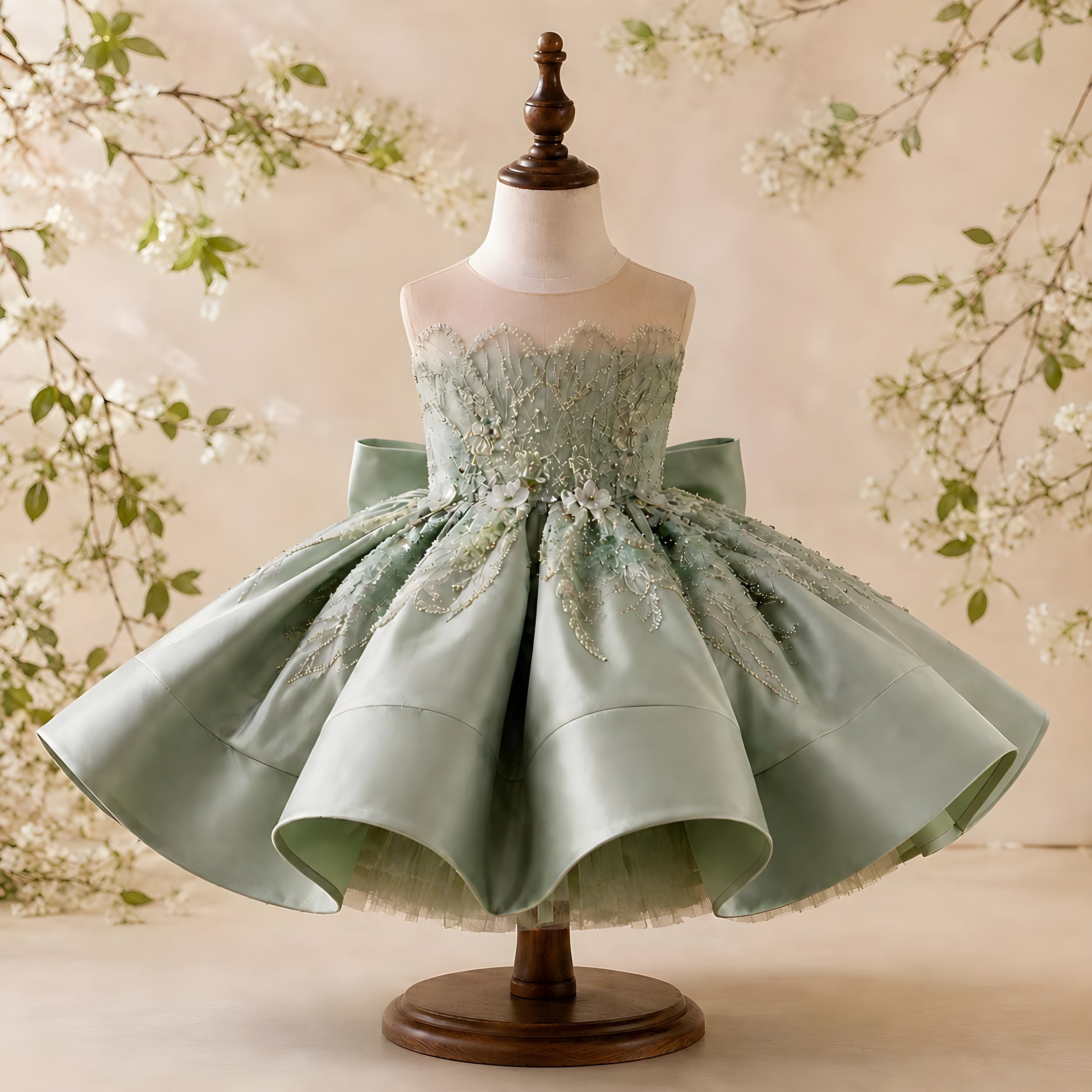 Girls Sage Green Lace Flower Girl Dress with Satin Petal Skirt - Recital, Pageant & Birthday