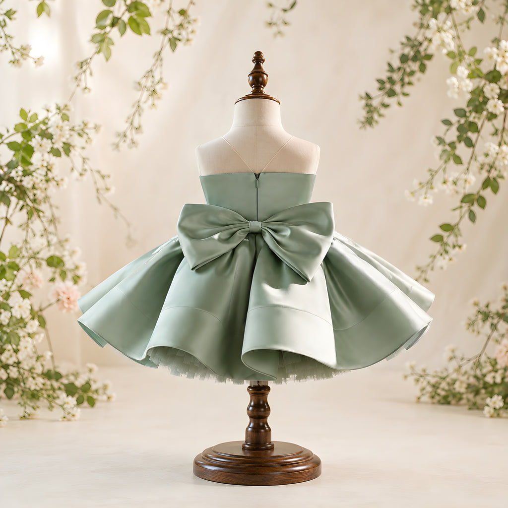 Girls Sage Green Lace Flower Girl Dress with Satin Petal Skirt - Recital, Pageant & Birthday