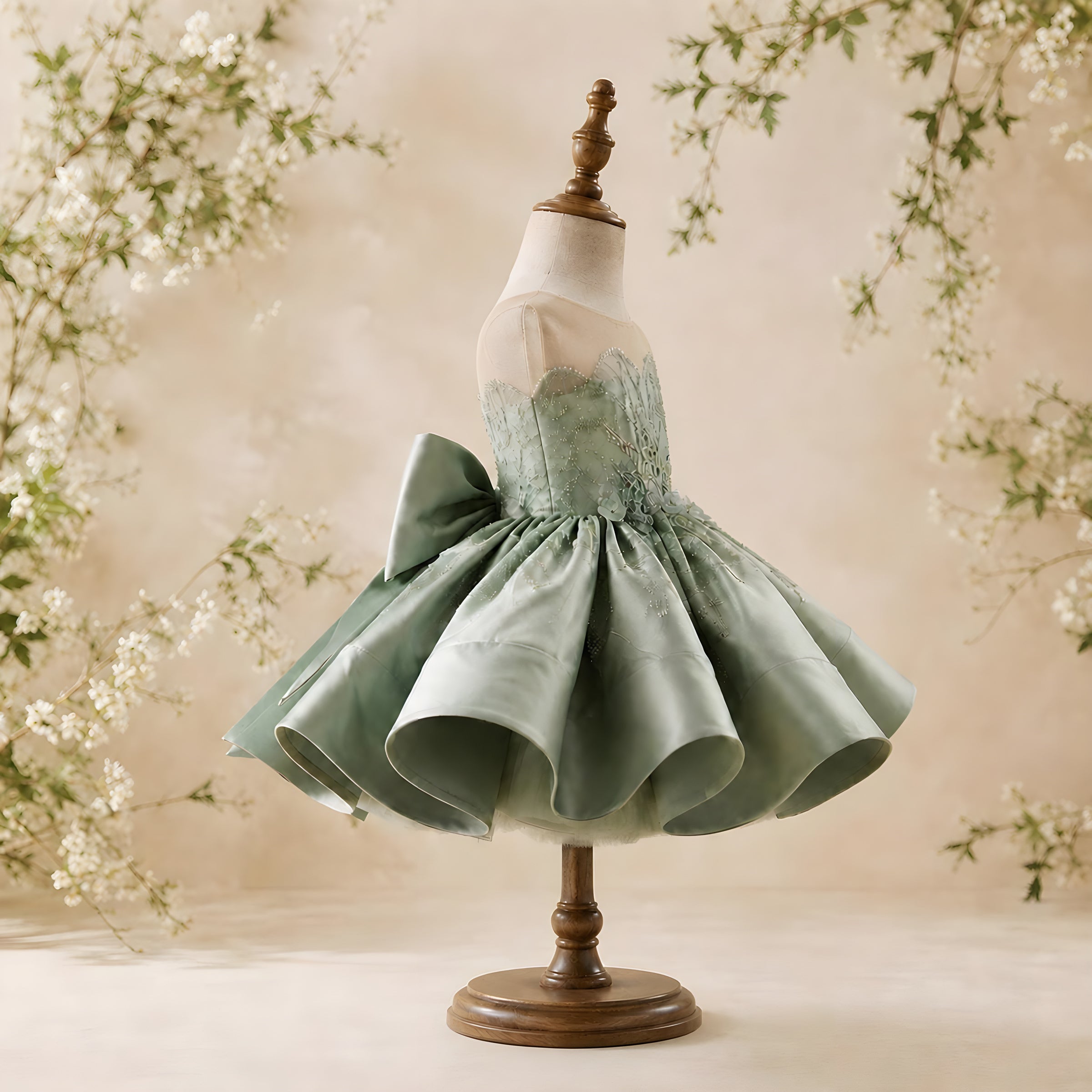 Girls Sage Green Lace Flower Girl Dress with Satin Petal Skirt - Recital, Pageant & Birthday