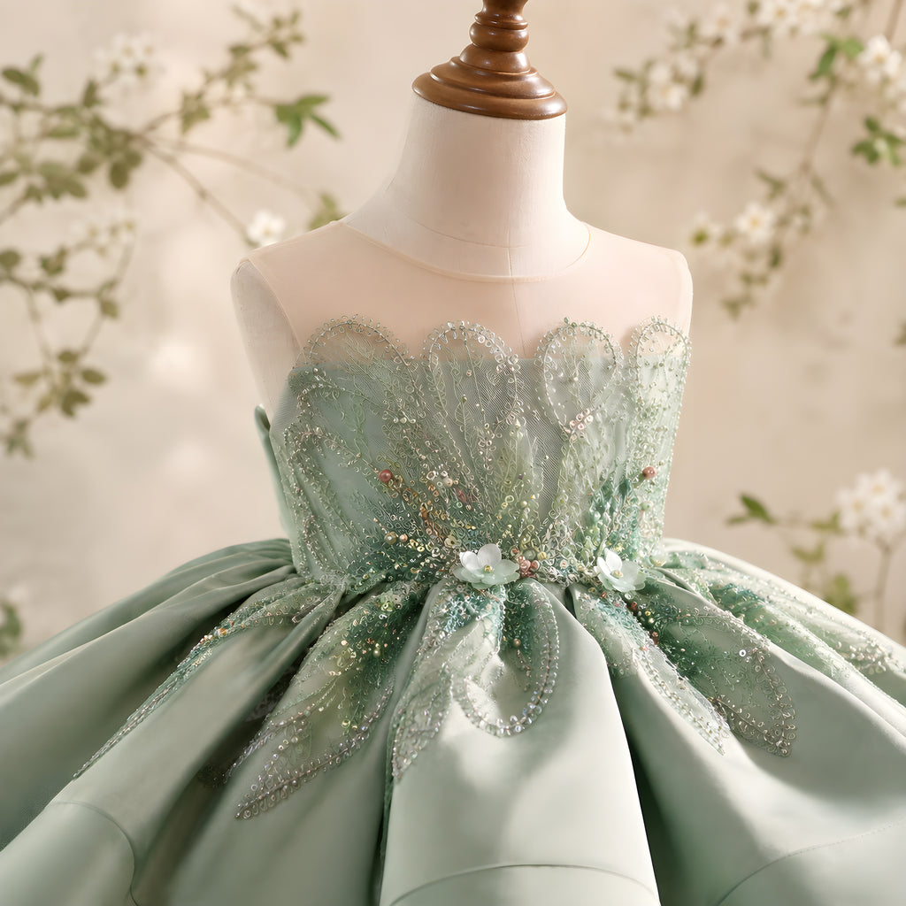Girls Sage Green Lace Flower Girl Dress with Satin Petal Skirt - Recital, Pageant & Birthday