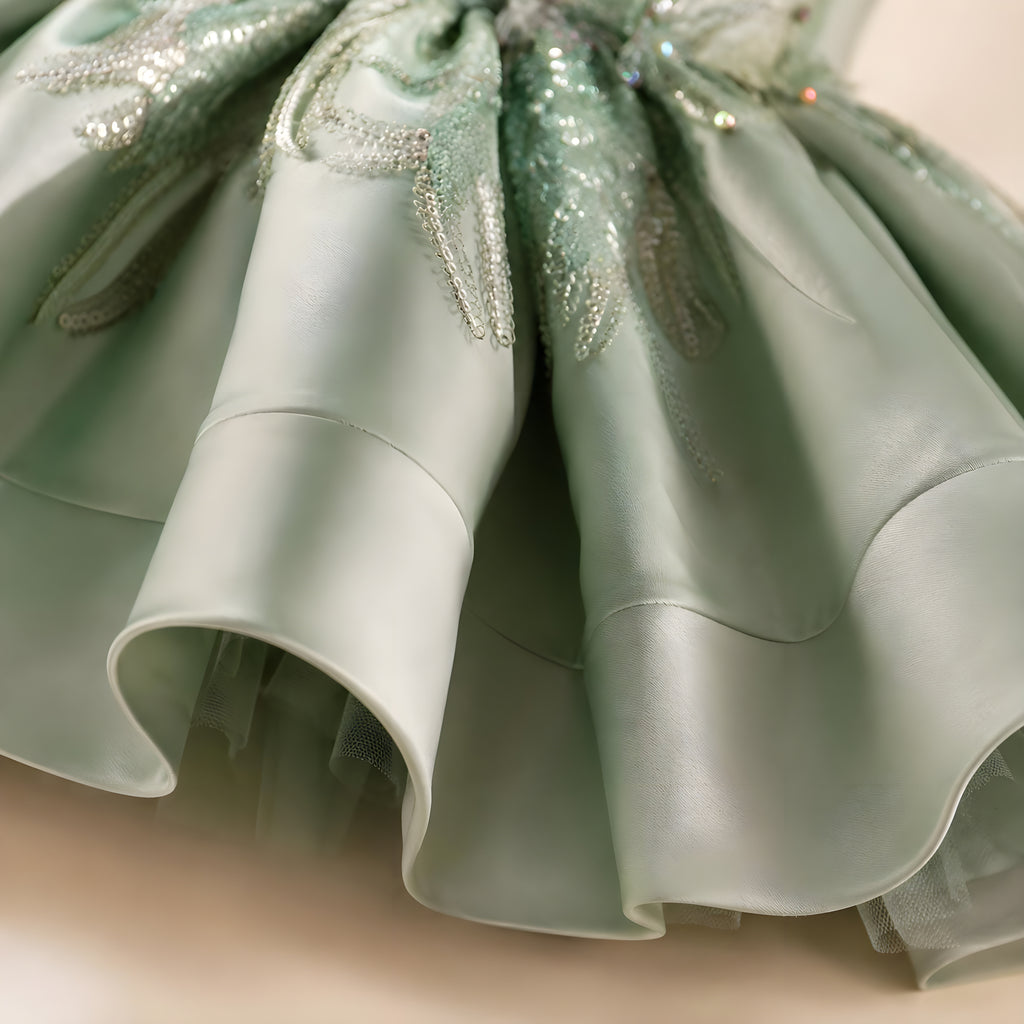 Girls Sage Green Lace Flower Girl Dress with Satin Petal Skirt - Recital, Pageant & Birthday