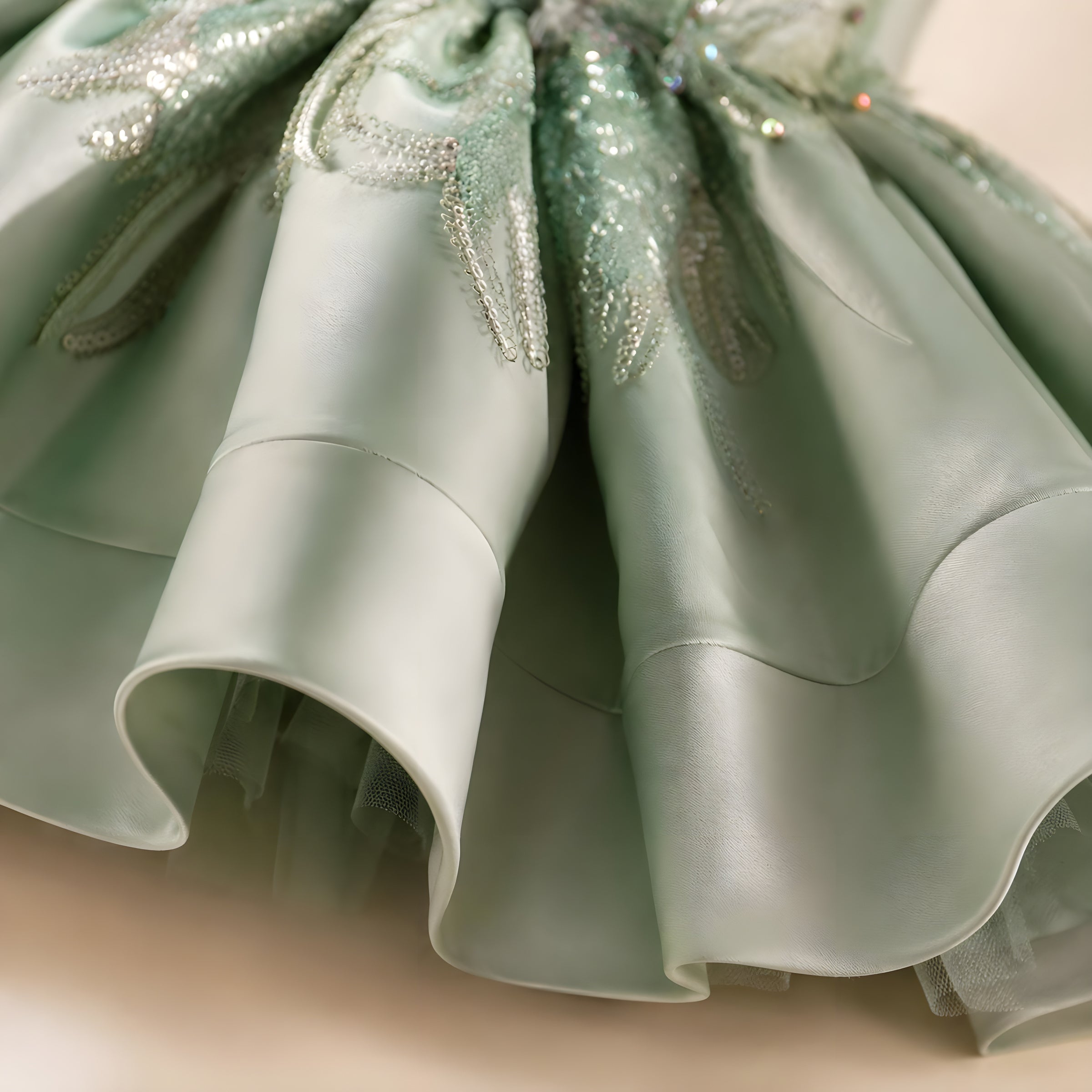 Girls Sage Green Lace Flower Girl Dress with Satin Petal Skirt - Recital, Pageant & Birthday