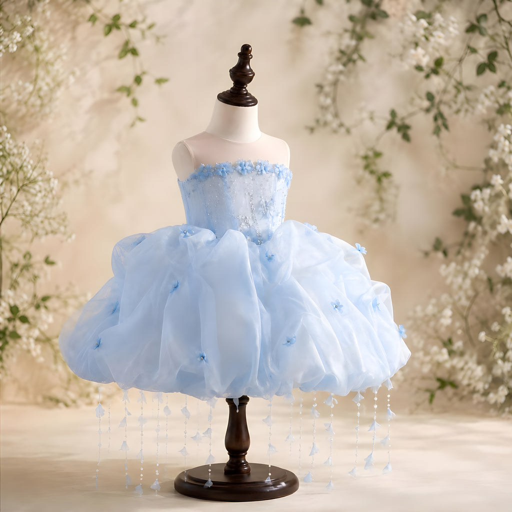 Girls Powder Blue Organza Bubble Pouf Dress with Crystal Beaded Bodice - Flower Girl, Birthday & Pageant