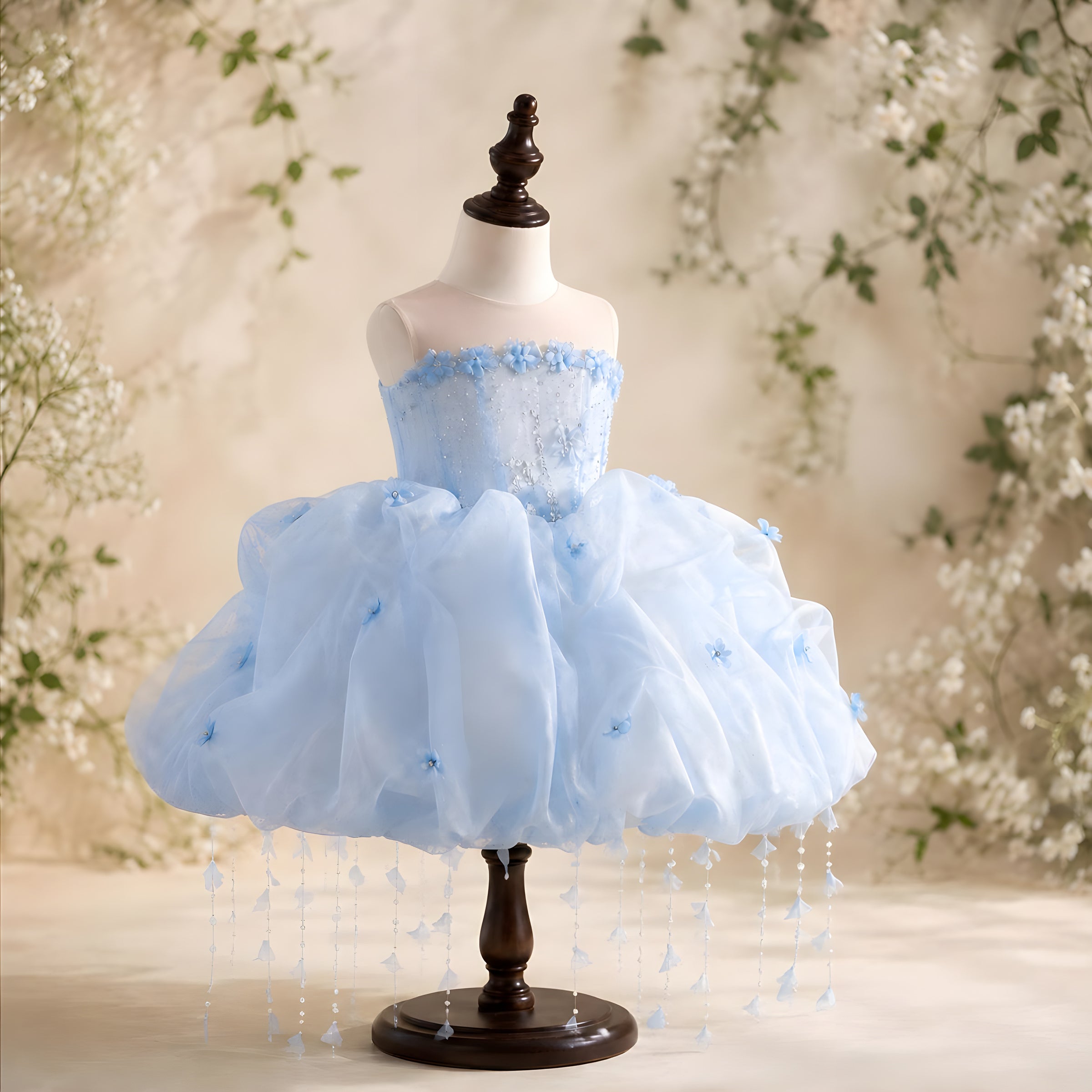Girls Powder Blue Organza Bubble Pouf Dress with Crystal Beaded Bodice - Flower Girl, Birthday & Pageant