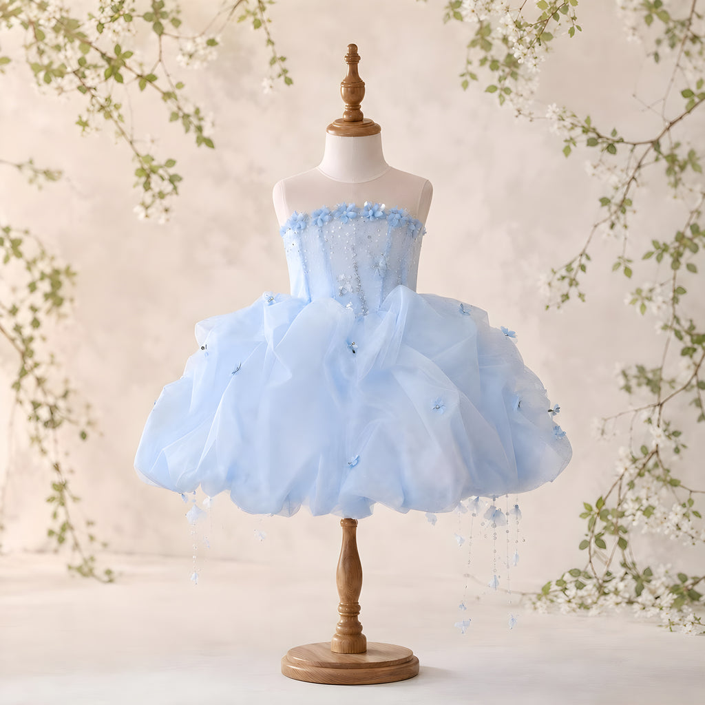 Girls Powder Blue Organza Bubble Pouf Dress with Crystal Beaded Bodice - Flower Girl, Birthday & Pageant