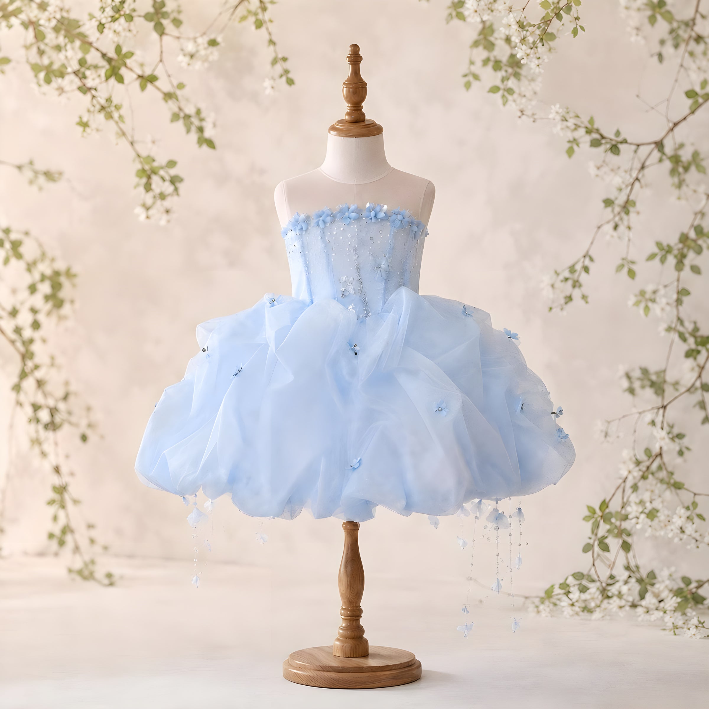 Girls Powder Blue Organza Bubble Pouf Dress with Crystal Beaded Bodice - Flower Girl, Birthday & Pageant
