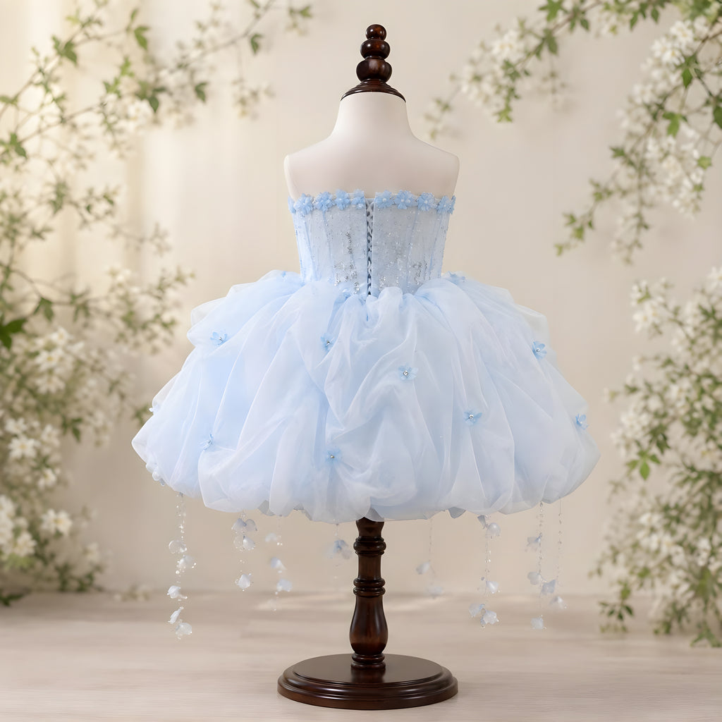 Girls Powder Blue Organza Bubble Pouf Dress with Crystal Beaded Bodice - Flower Girl, Birthday & Pageant