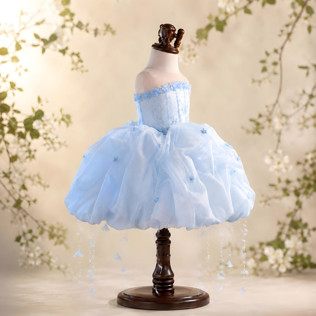 Girls Powder Blue Organza Bubble Pouf Dress with Crystal Beaded Bodice - Flower Girl, Birthday & Pageant