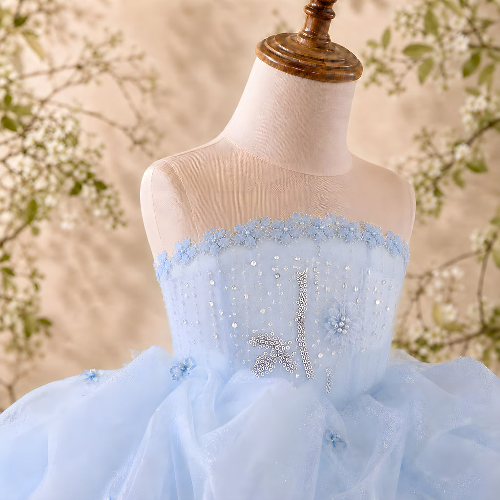 Girls Powder Blue Organza Bubble Pouf Dress with Crystal Beaded Bodice - Flower Girl, Birthday & Pageant