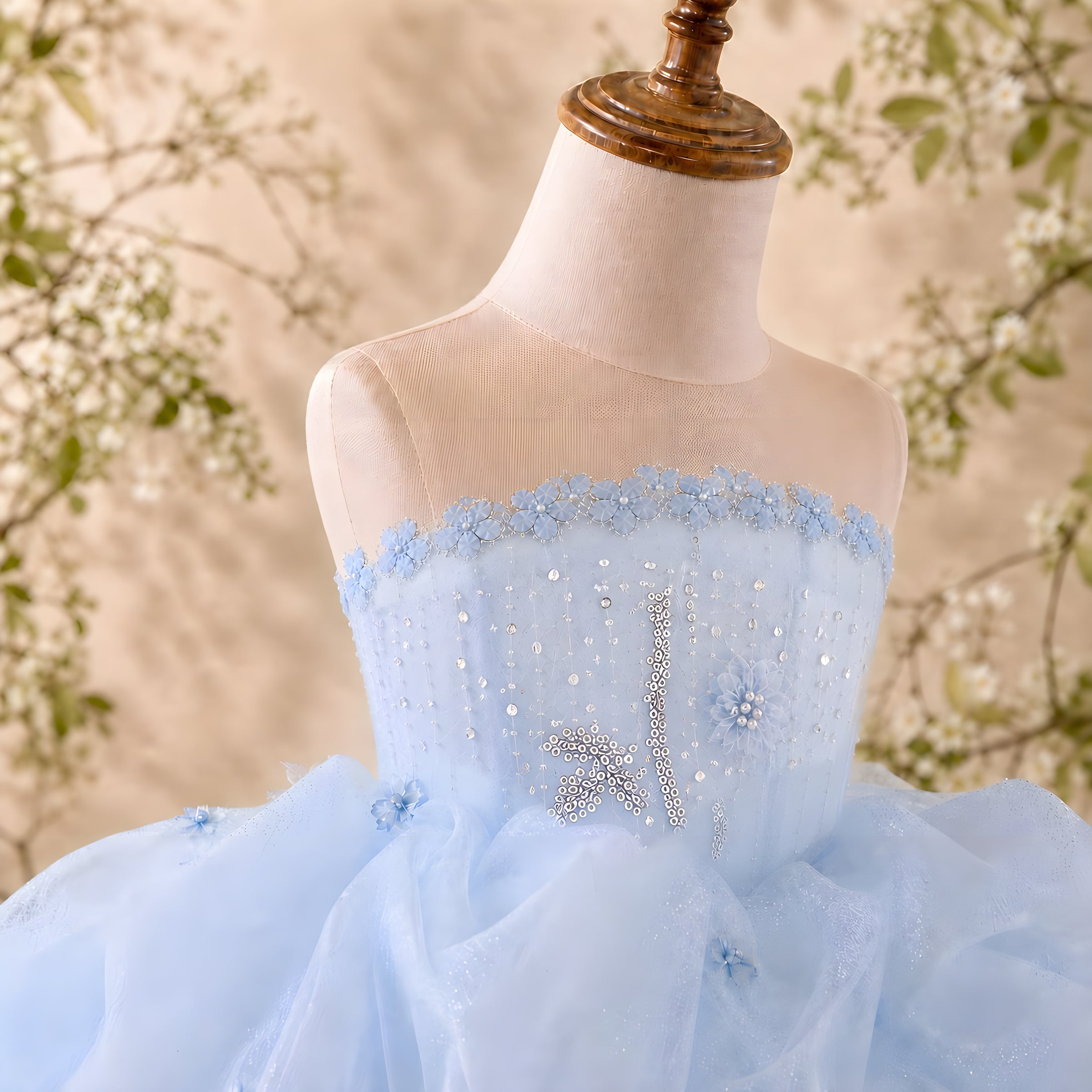 Girls Powder Blue Organza Bubble Pouf Dress with Crystal Beaded Bodice - Flower Girl, Birthday & Pageant