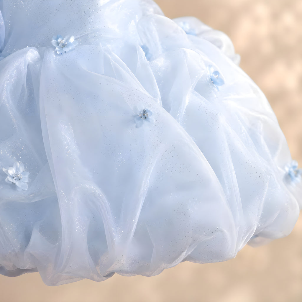 Girls Powder Blue Organza Bubble Pouf Dress with Crystal Beaded Bodice - Flower Girl, Birthday & Pageant