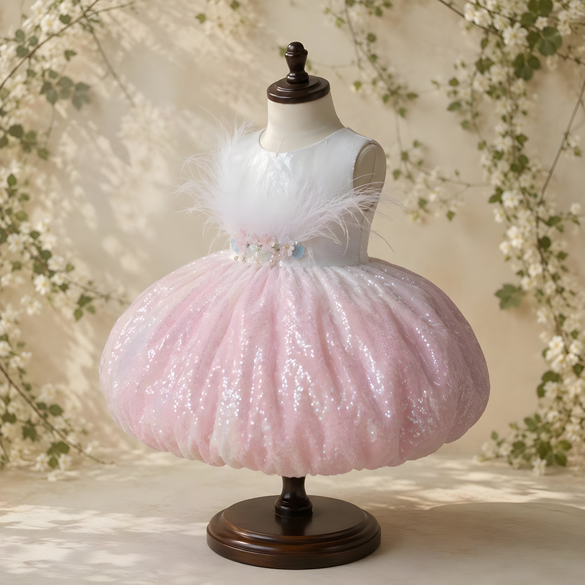 Girls Pink Sequin Feather Collar Puffball Dress - Birthday, Pageant & Flower Girl
