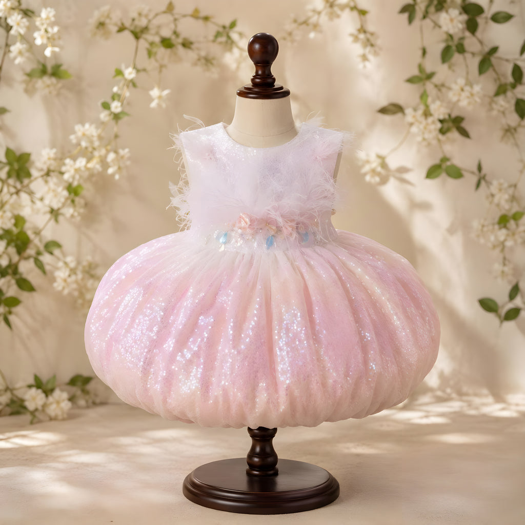 Girls Pink Sequin Feather Collar Puffball Dress - Birthday, Pageant & Flower Girl