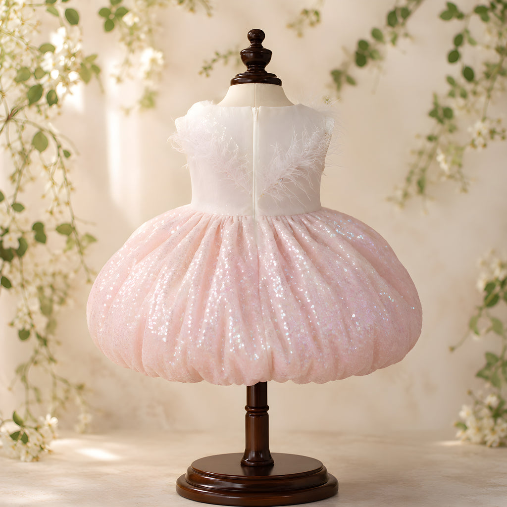 Girls Pink Sequin Feather Collar Puffball Dress - Birthday, Pageant & Flower Girl