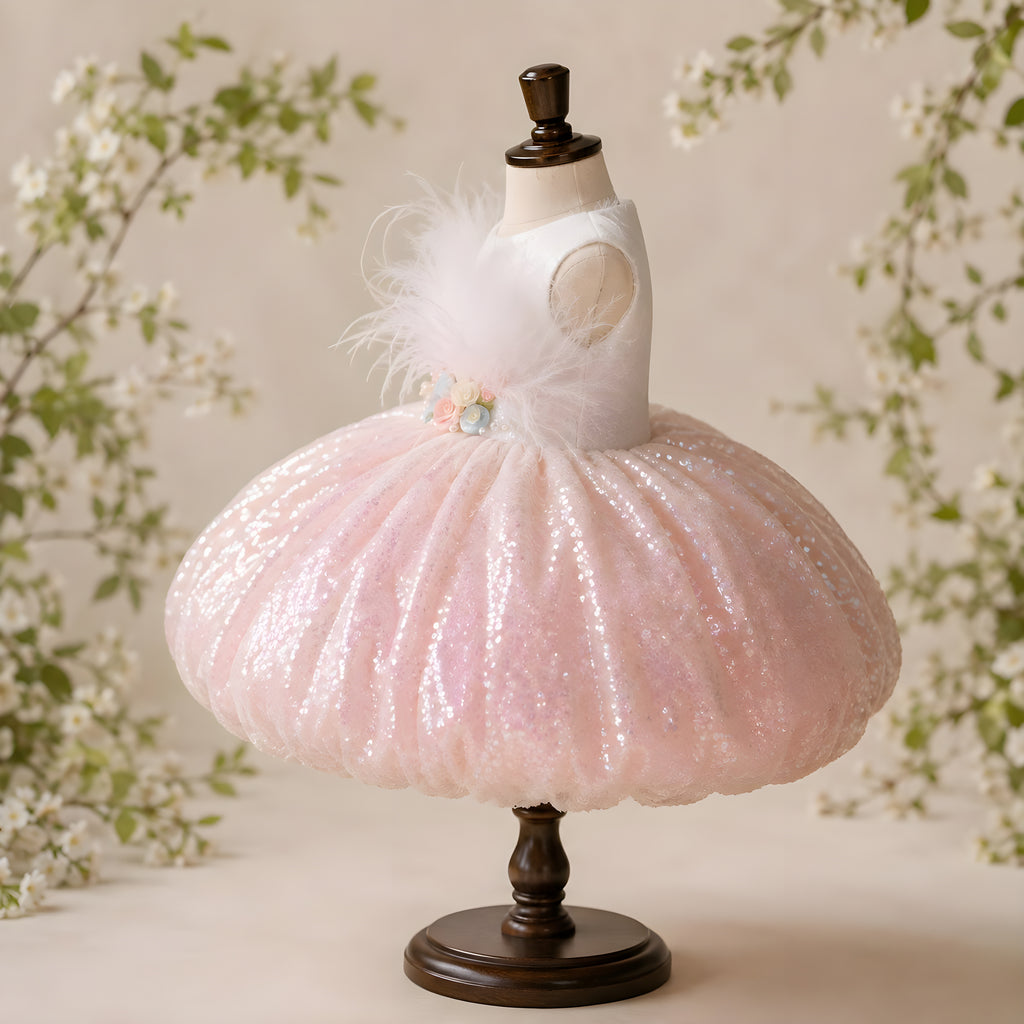 Girls Pink Sequin Feather Collar Puffball Dress - Birthday, Pageant & Flower Girl