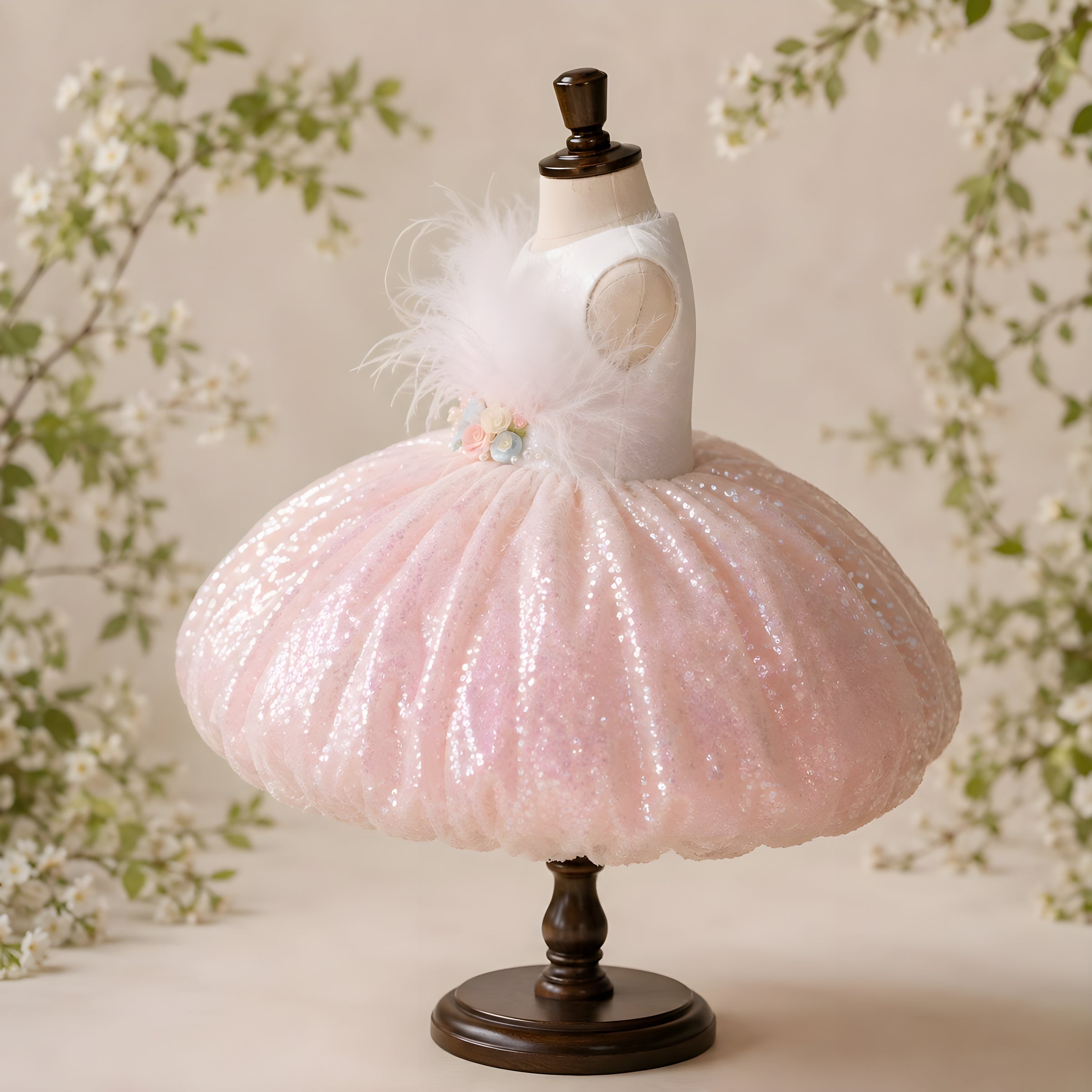 Girls Pink Sequin Feather Collar Puffball Dress - Birthday, Pageant & Flower Girl