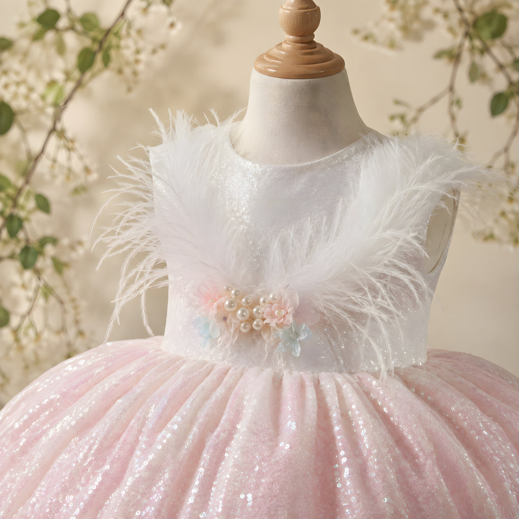Girls Pink Sequin Feather Collar Puffball Dress - Birthday, Pageant & Flower Girl