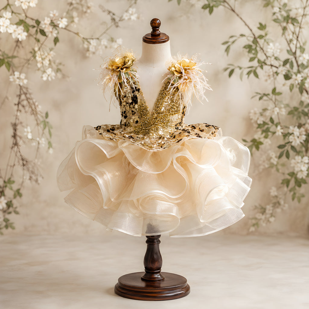 Girls Gold Hand-Beaded Sequin Couture Gown with Feather Shoulder - Pageant, Birthday & Stage Performance