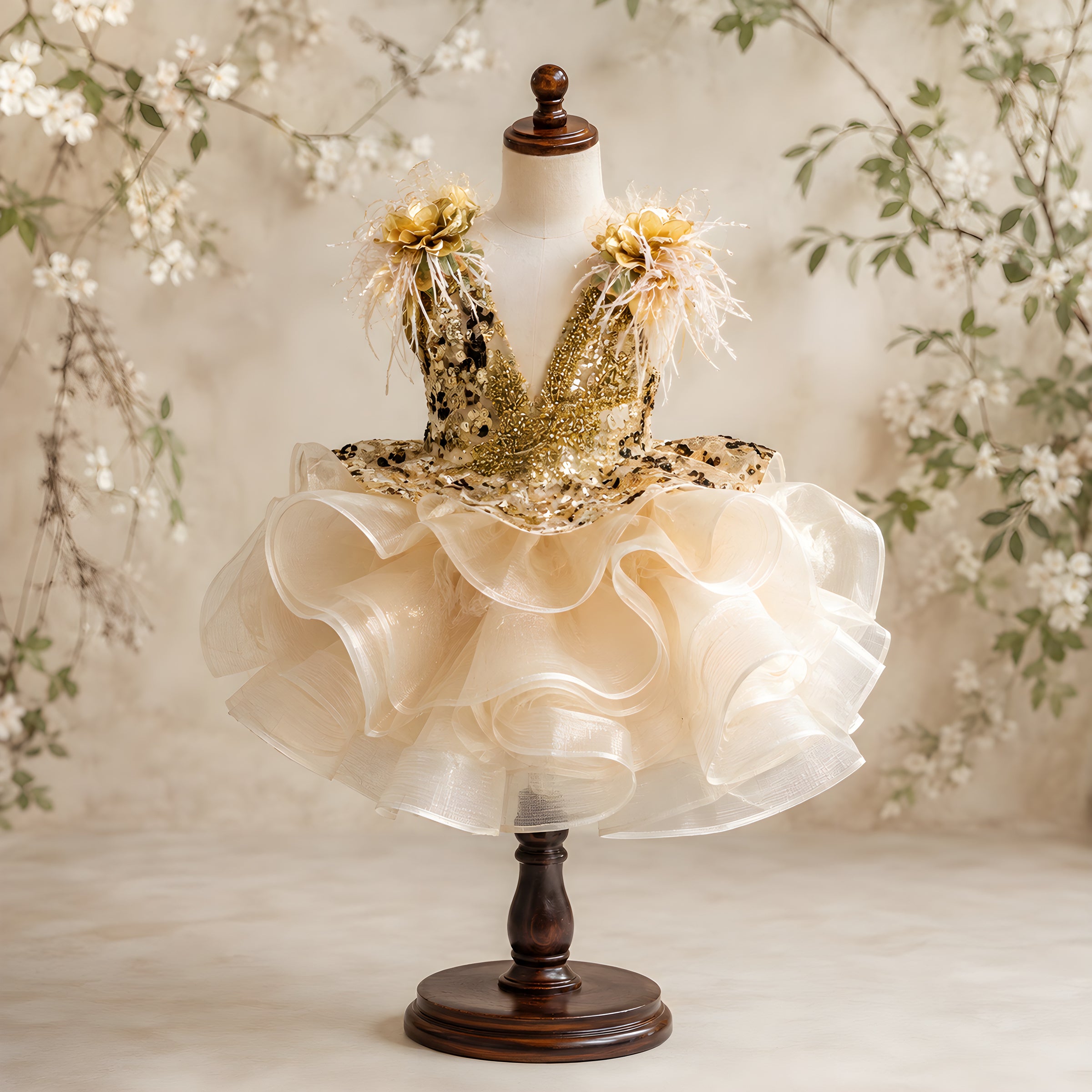 Girls Gold Hand-Beaded Sequin Couture Gown with Feather Shoulder - Pageant, Birthday & Stage Performance