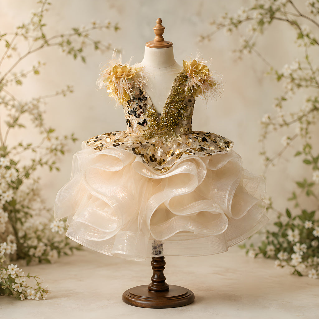 Girls Gold Hand-Beaded Sequin Couture Gown with Feather Shoulder - Pageant, Birthday & Stage Performance