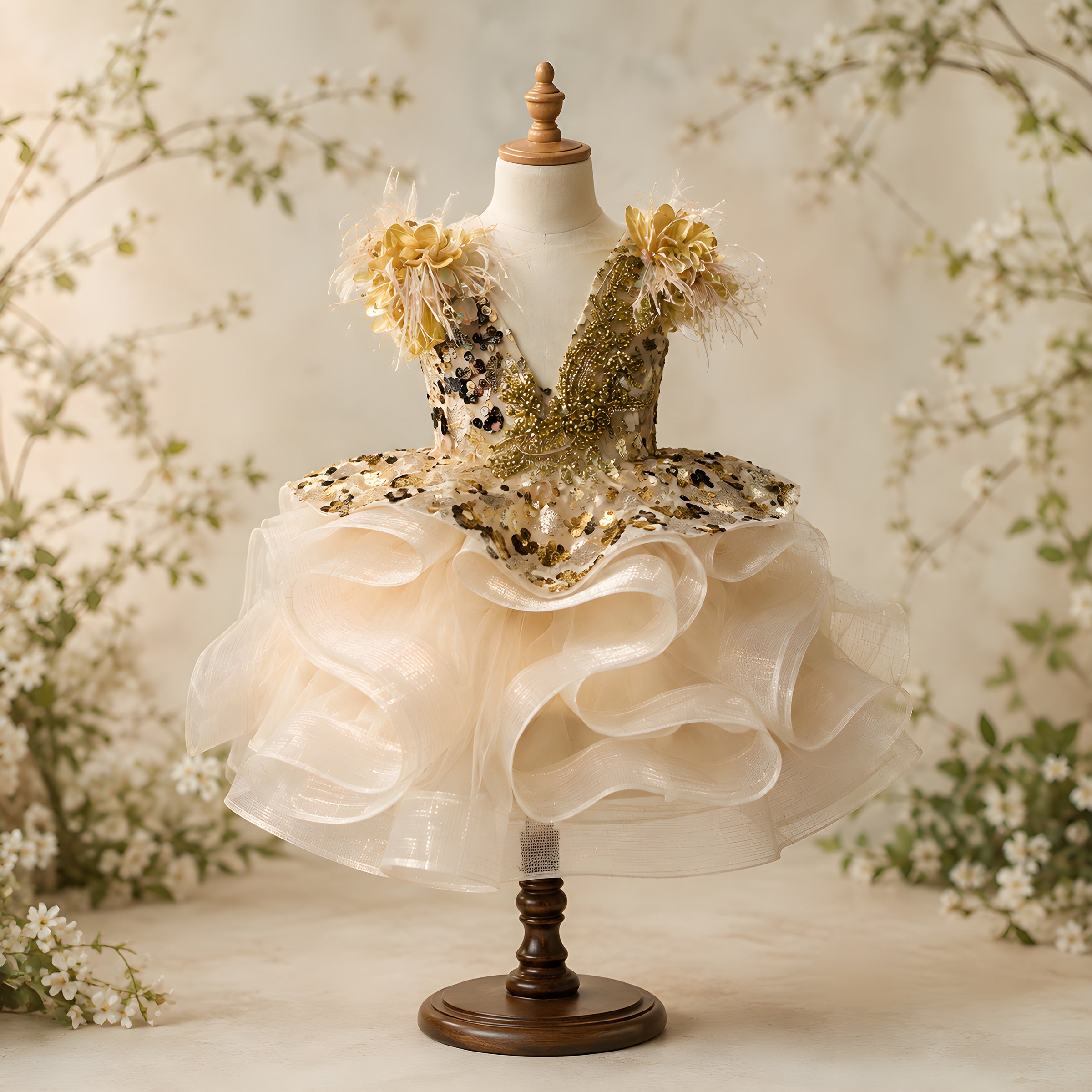 Girls Gold Hand-Beaded Sequin Couture Gown with Feather Shoulder - Pageant, Birthday & Stage Performance