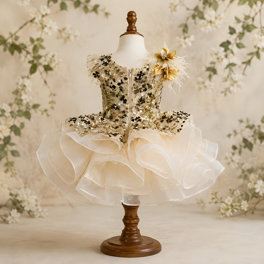 Girls Gold Hand-Beaded Sequin Couture Gown with Feather Shoulder - Pageant, Birthday & Stage Performance