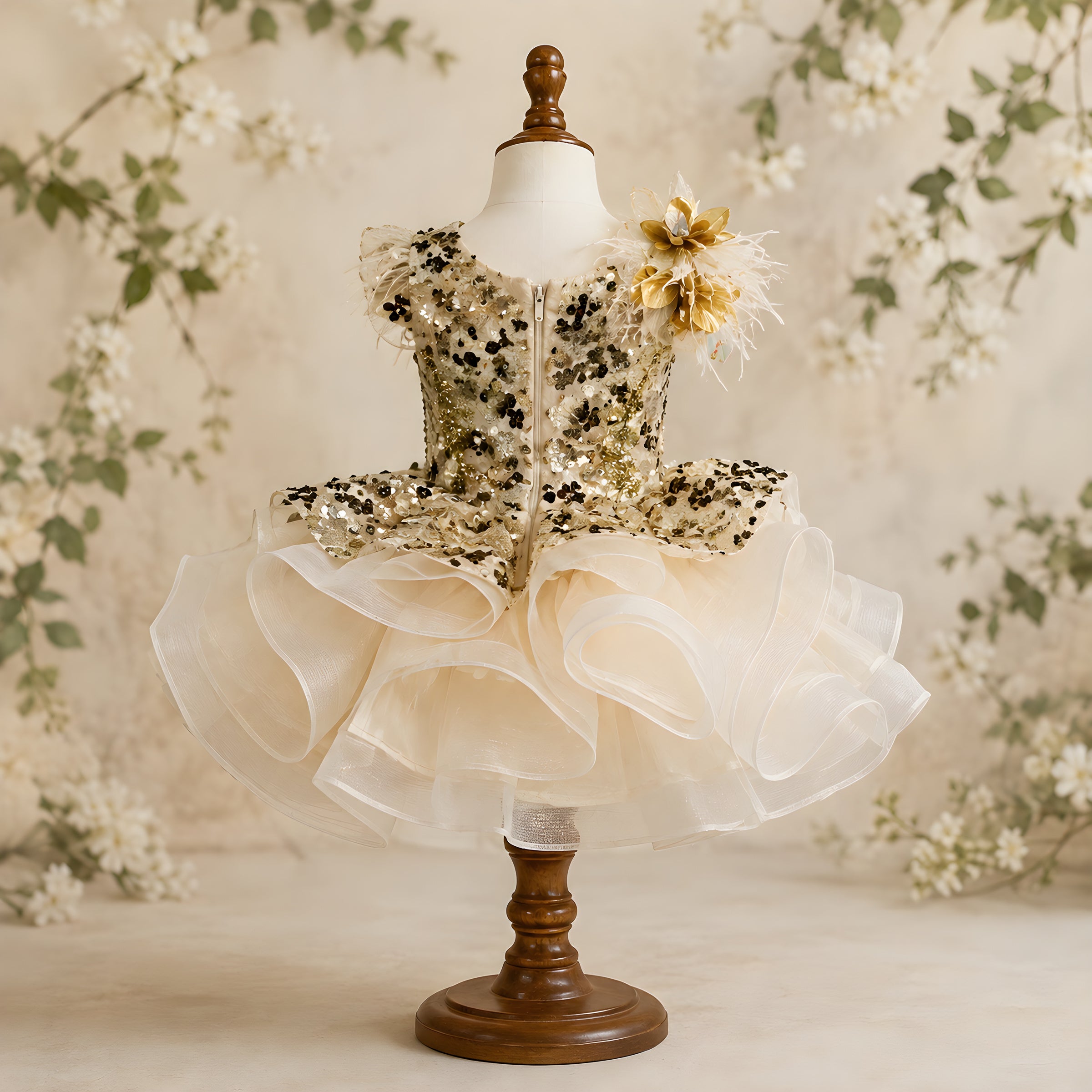 Girls Gold Hand-Beaded Sequin Couture Gown with Feather Shoulder - Pageant, Birthday & Stage Performance