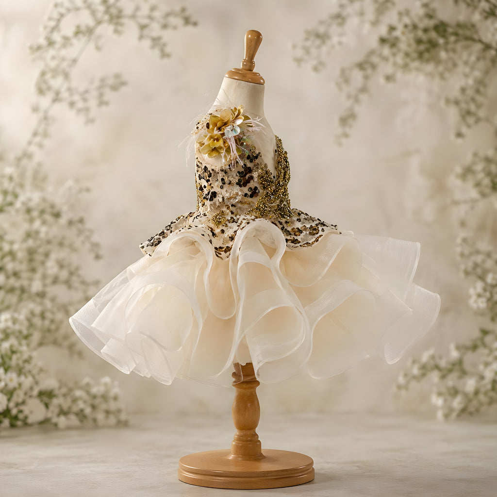 Girls Gold Hand-Beaded Sequin Couture Gown with Feather Shoulder - Pageant, Birthday & Stage Performance