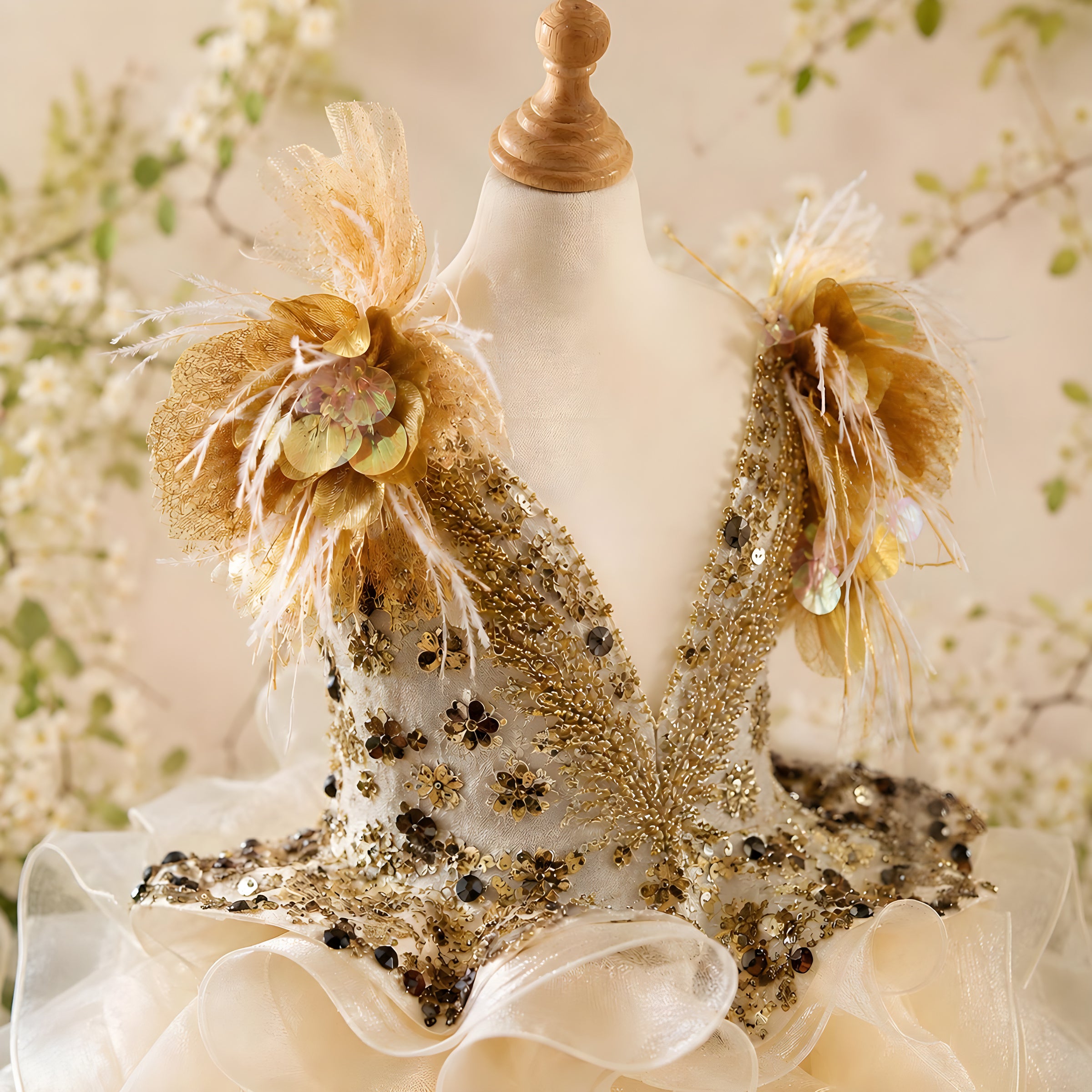 Girls Gold Hand-Beaded Sequin Couture Gown with Feather Shoulder - Pageant, Birthday & Stage Performance