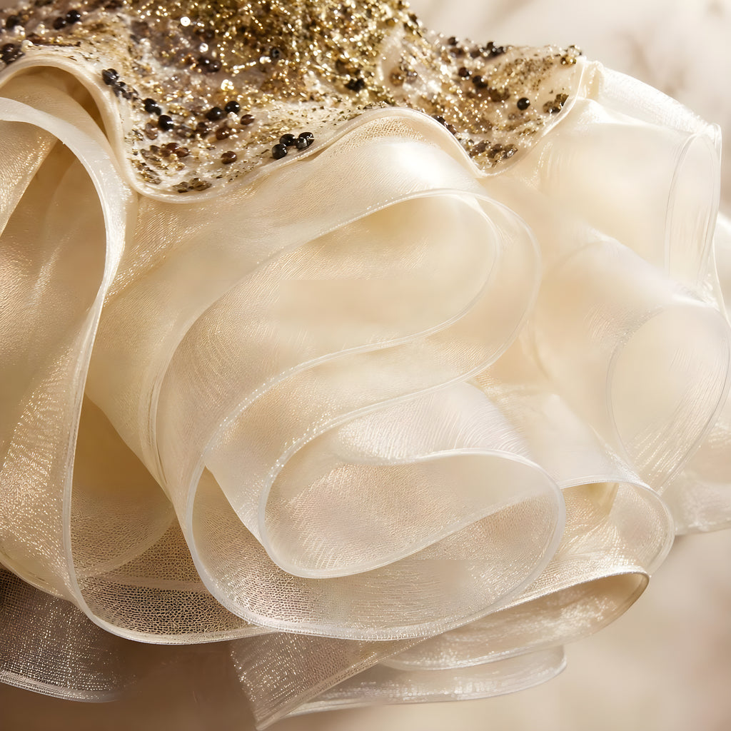 Girls Gold Hand-Beaded Sequin Couture Gown with Feather Shoulder - Pageant, Birthday & Stage Performance