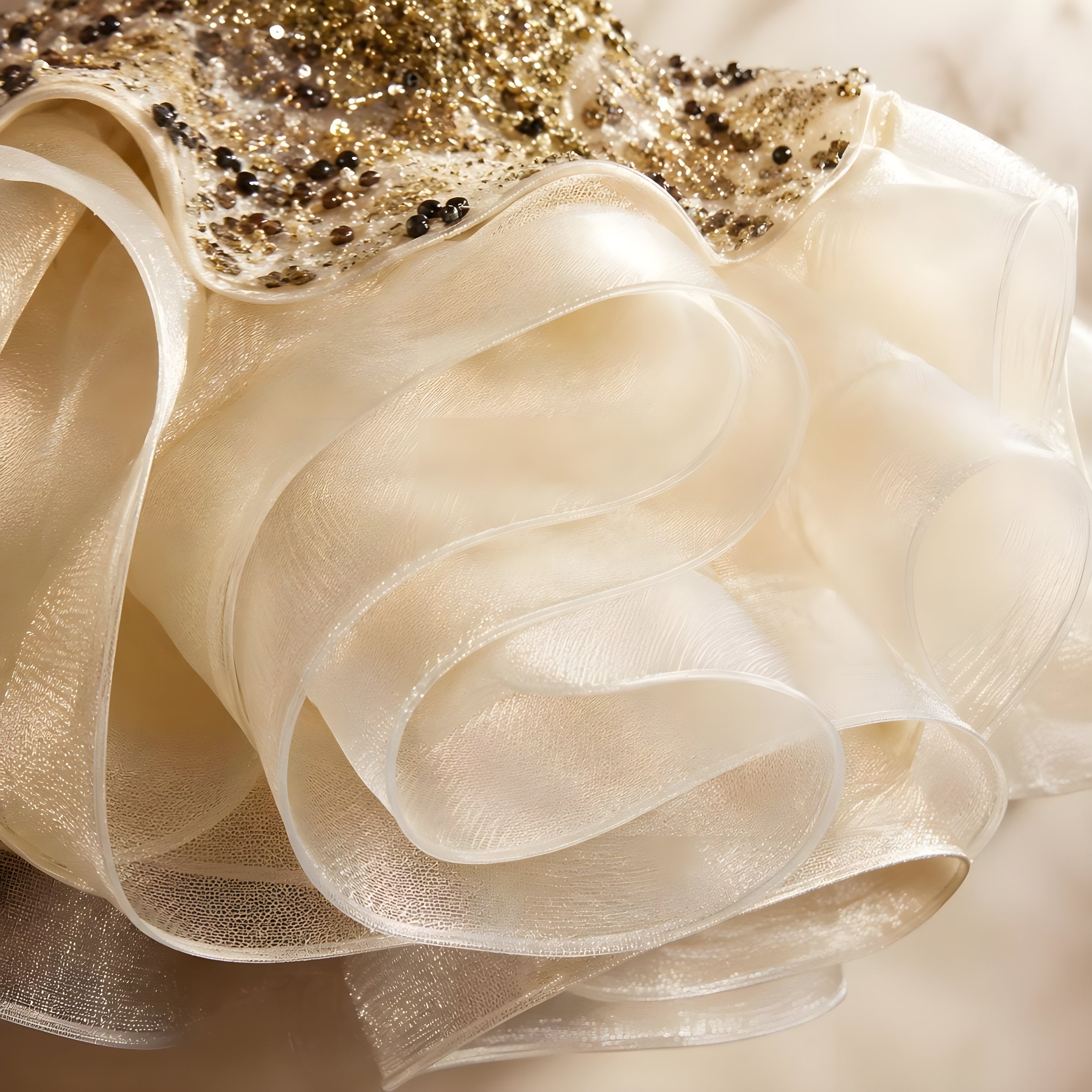Girls Gold Hand-Beaded Sequin Couture Gown with Feather Shoulder - Pageant, Birthday & Stage Performance