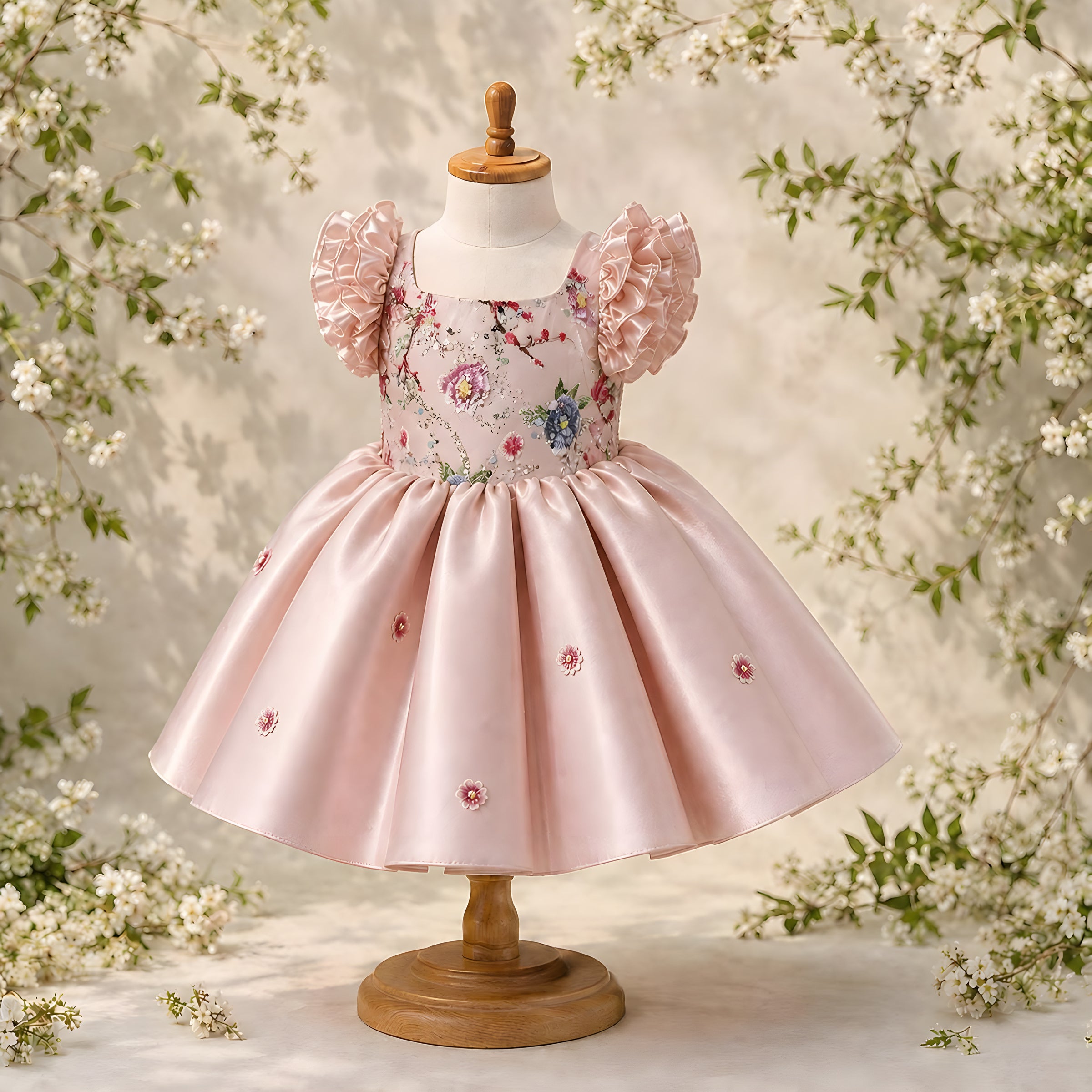 Girls Dusty Pink Embroidered Satin Flower Girl Dress - Birthday, Pageant & Special Occasions